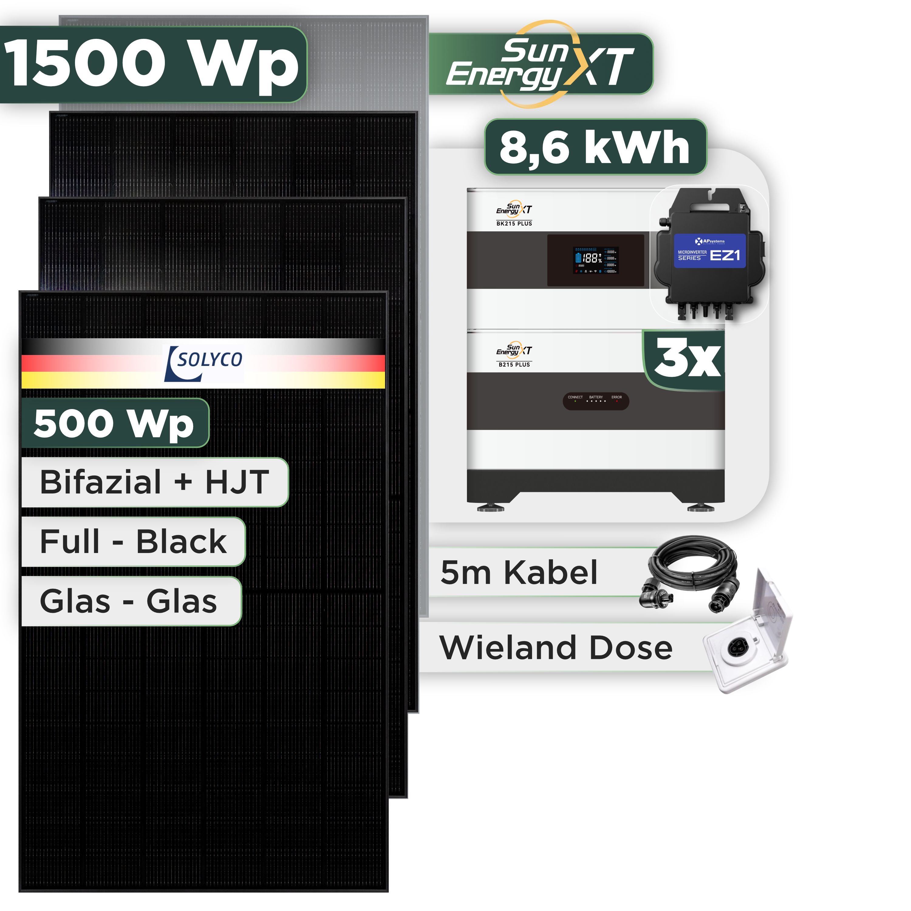 Balkonkraftwerk Set 1500 Wp SunEnergyXT Plus / 8,6 kWh / Solyco 500 Wp Glas-Glas Fullblack-Modul Bifazial / 3 Module / APSystems EZ1-M (bis 800 W) / Wieland Stecker + Dose