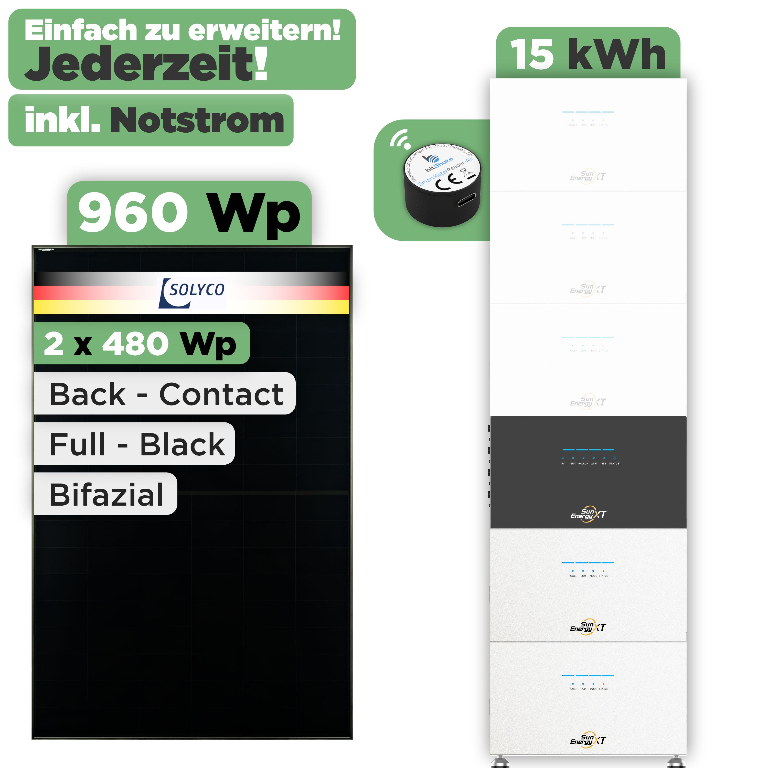 SunEnergyXT 500 Modulset 960 Wp SunEnergyXT 500 Pro (2400 W) / 15 kWh / IR Lesekopf / Solyco 480 Wp / 2 Module
