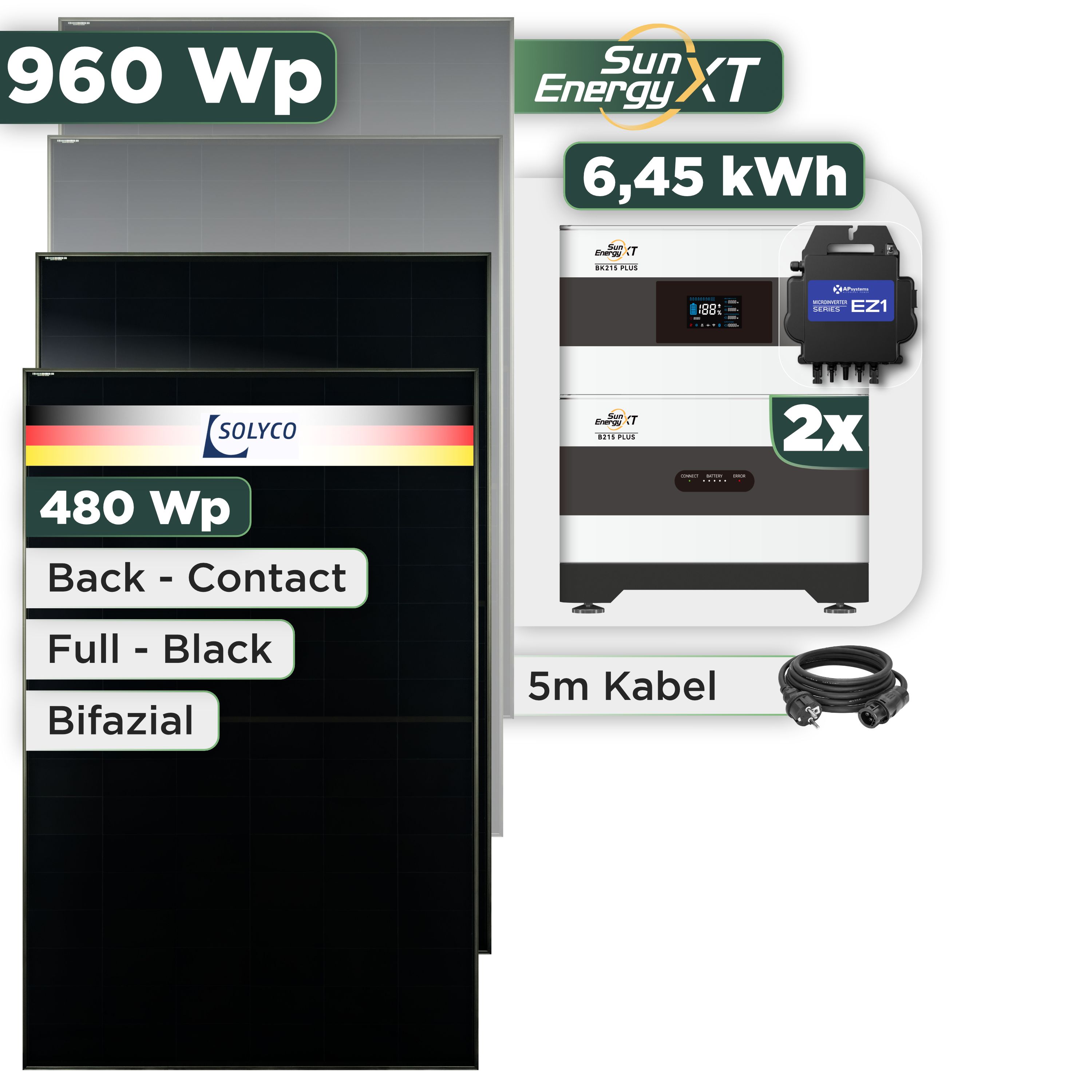 Balkonkraftwerk Set 960 Wp SunEnergyXT Plus / 6,45 kWh / Solyco 480 Wp Glas-Glas Fullblack Back Contact Modul / 2 Module / APSystems EZ1-M (bis 800 W) / Schuko Stecker
