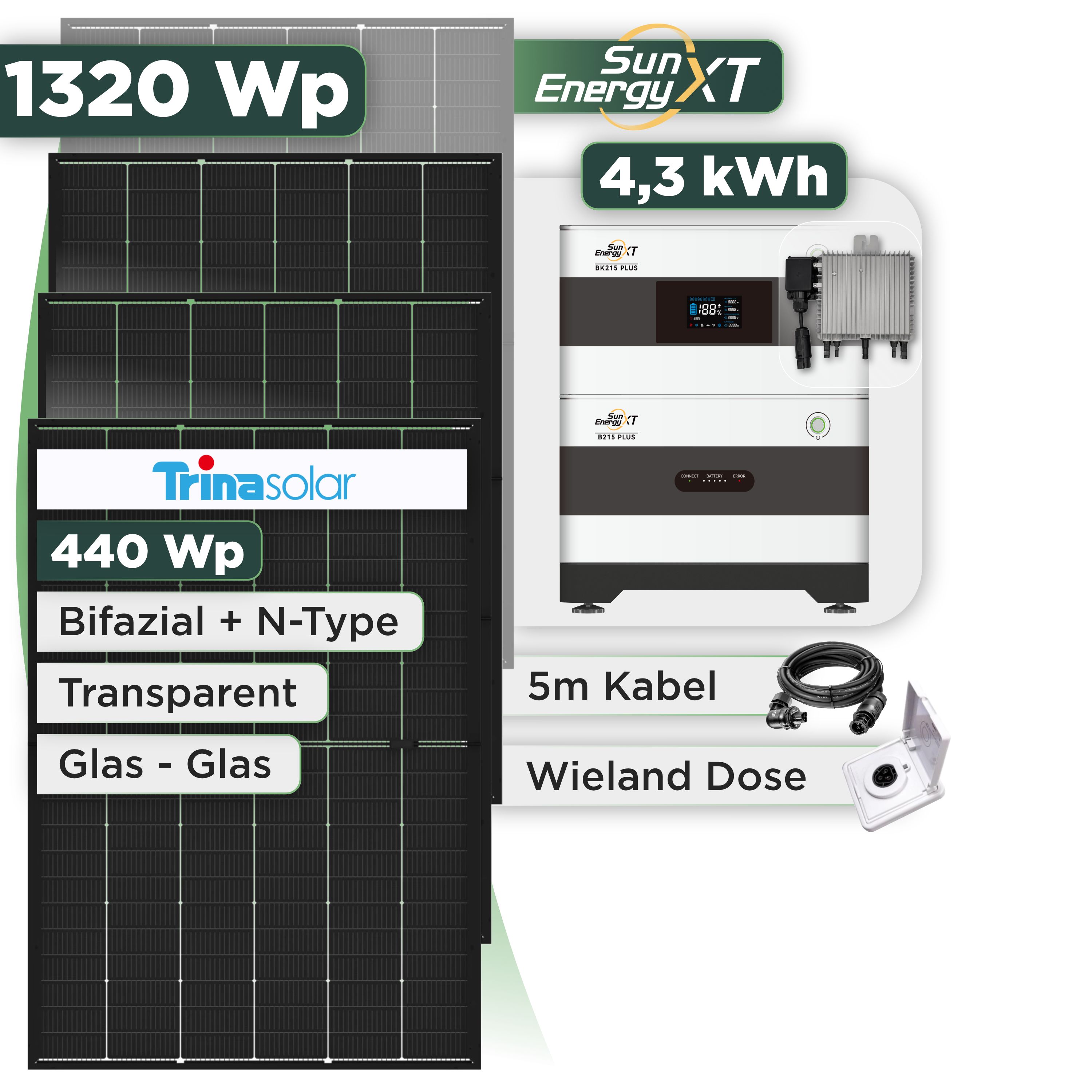 Balkonkraftwerk Set 1320 Wp SunEnergyXT Plus / 4,3 kWh / Trina 440 Wp Glas-Glas Bifazial Modul / 3 Module / Deye 800 W / Wieland Stecker + Dose