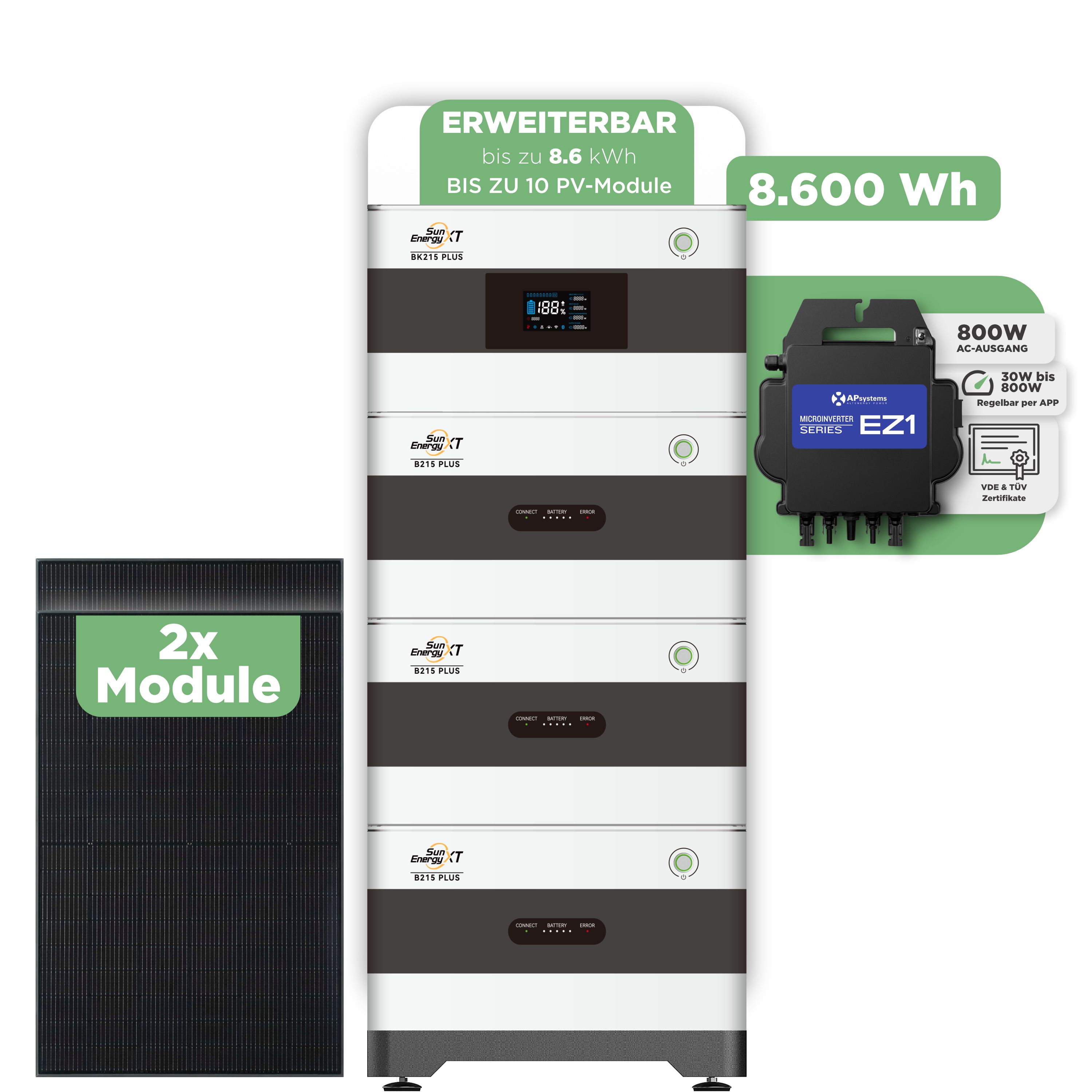 SunEnergyXT BK215 Plus Balkonkraftwerkspeicher 8.600 Wh / 800 W (Apsystems EZ1-M)