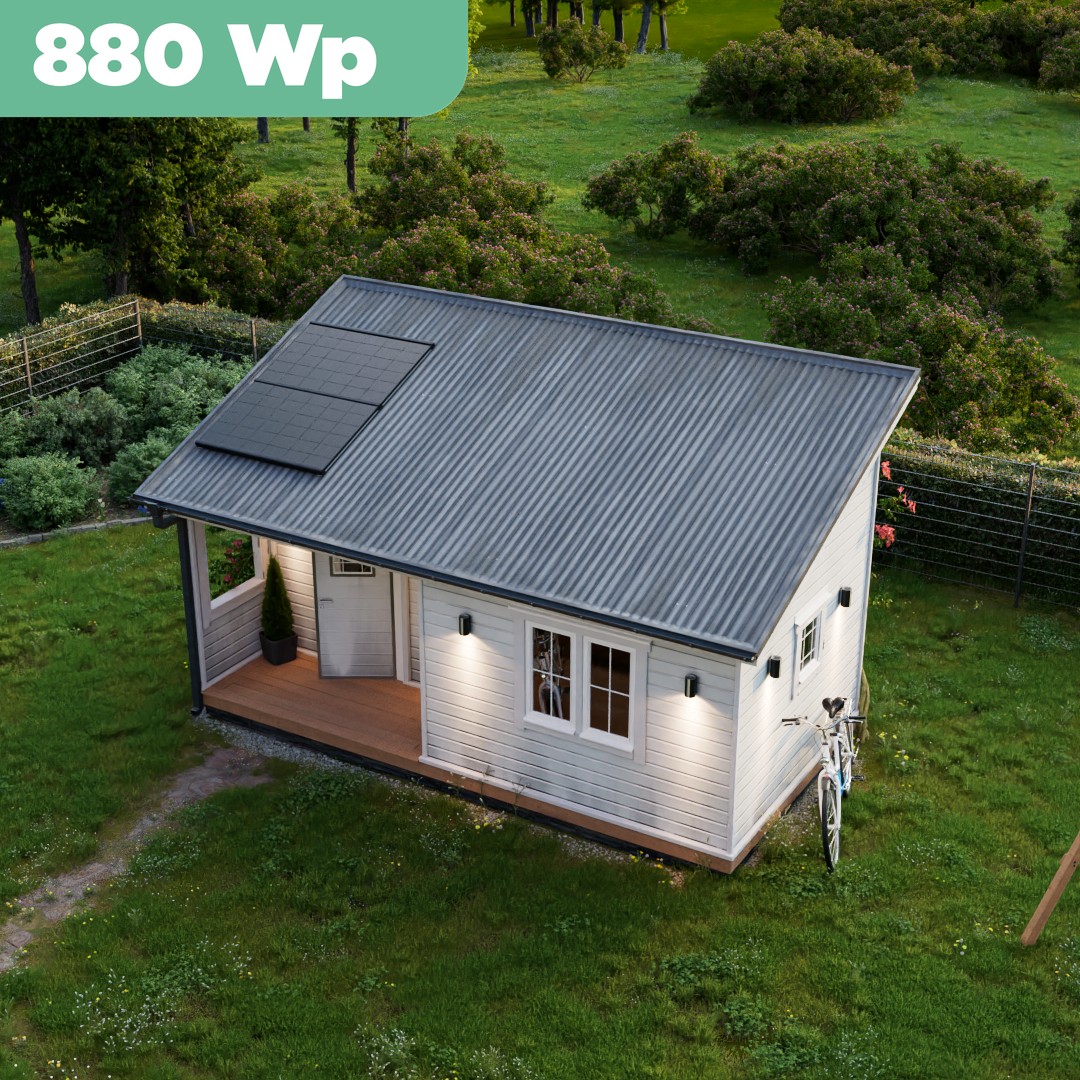 Balkonkraftwerk Trapezblech 880 Wp — APsystems EZ1-M 800 W / Trina Solar / 440 Wp (Glas-Glas + Bifazial) / Premium Halterung / zwei Reihen quer / 2 Module / 20 m