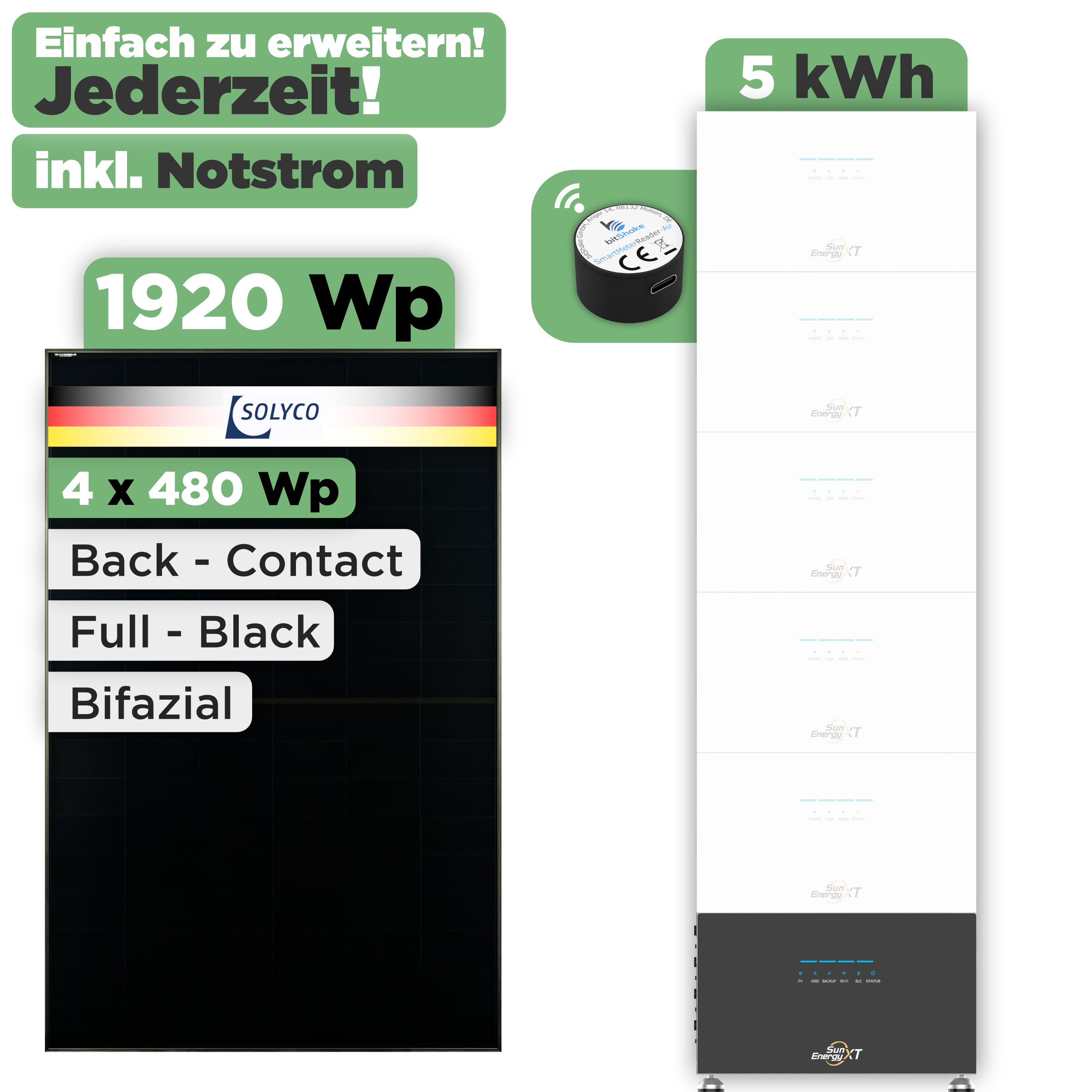 SunEnergyXT 500 Modulset 1920 Wp SunEnergyXT 500 Pro (2400 W) / 5 kWh / IR Lesekopf / Solyco 480 Wp / 4 Module