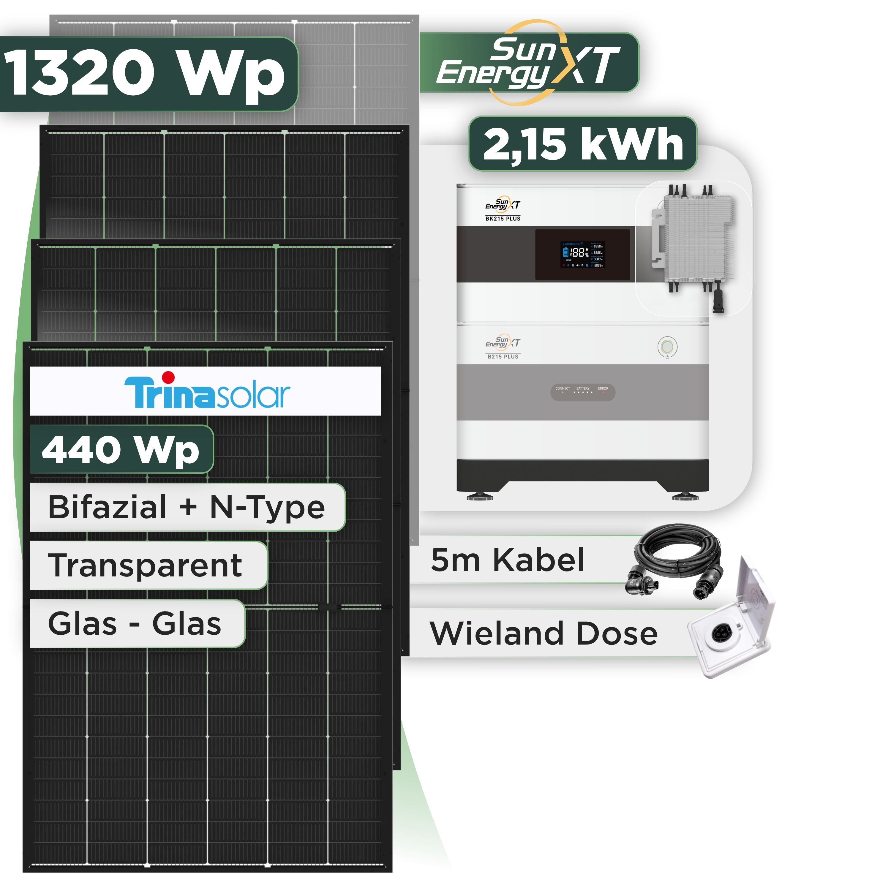 Balkonkraftwerk Set 1320 Wp SunEnergyXT Plus / 2,15 kWh / Trina 440 Wp Glas-Glas Bifazial Modul / 3 Module / Deye 2000 W / Wieland Stecker + Dose