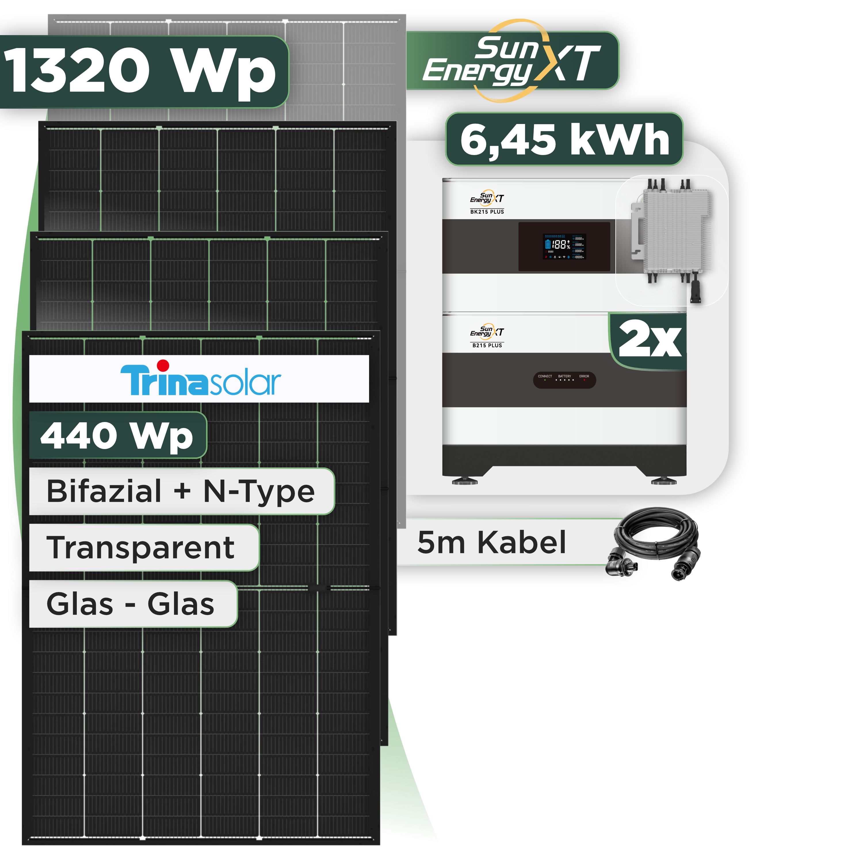 Balkonkraftwerk Set 1320 Wp SunEnergyXT Plus / 6,45 kWh / Trina 440 Wp Glas-Glas Bifazial Modul / 3 Module / Deye 2000 W / Wieland Stecker