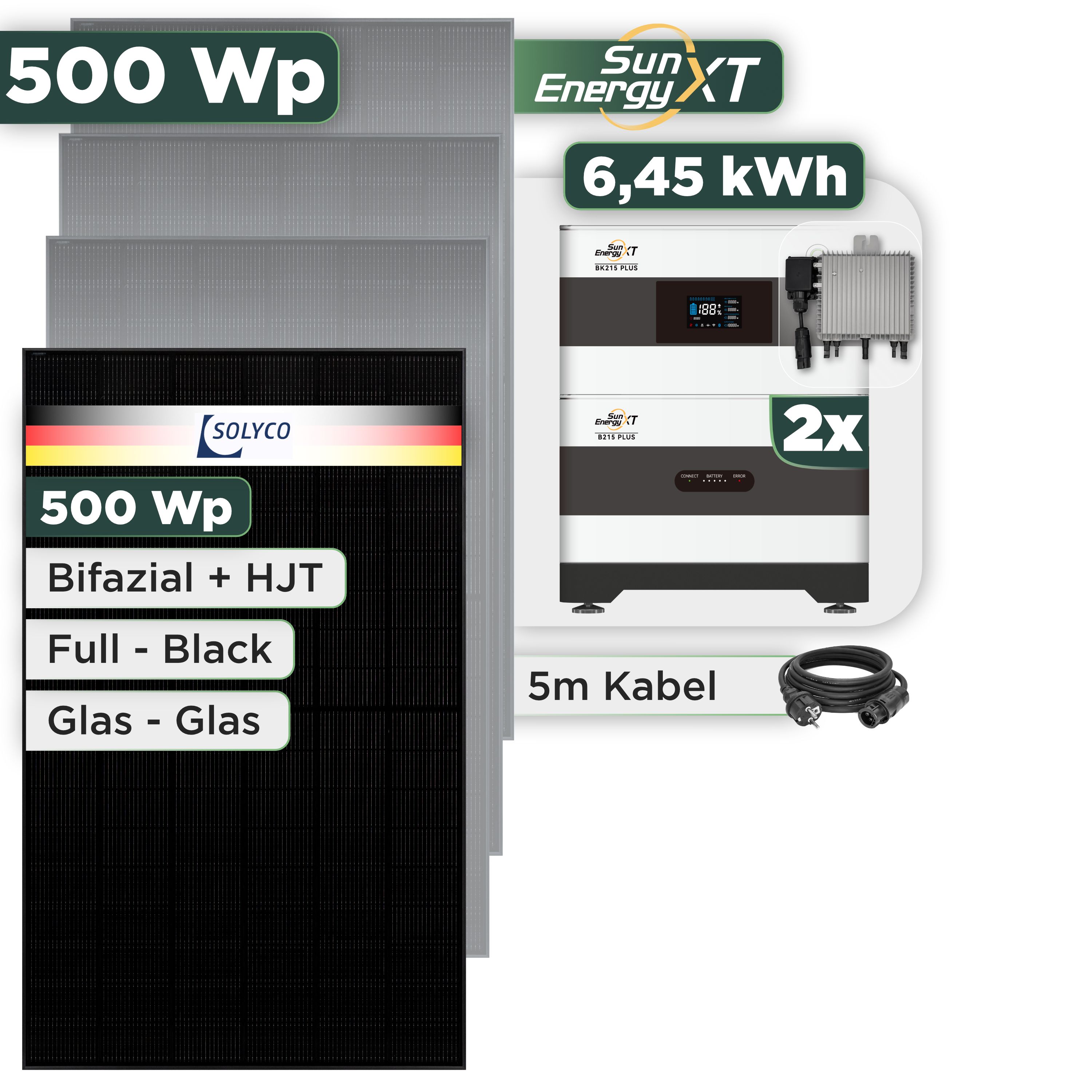 Balkonkraftwerk Set 500 Wp SunEnergyXT Plus / 6,45 kWh / Solyco 500 Wp Glas-Glas Fullblack-Modul Bifazial / 1 Modul / Deye 800 W / Schuko Stecker