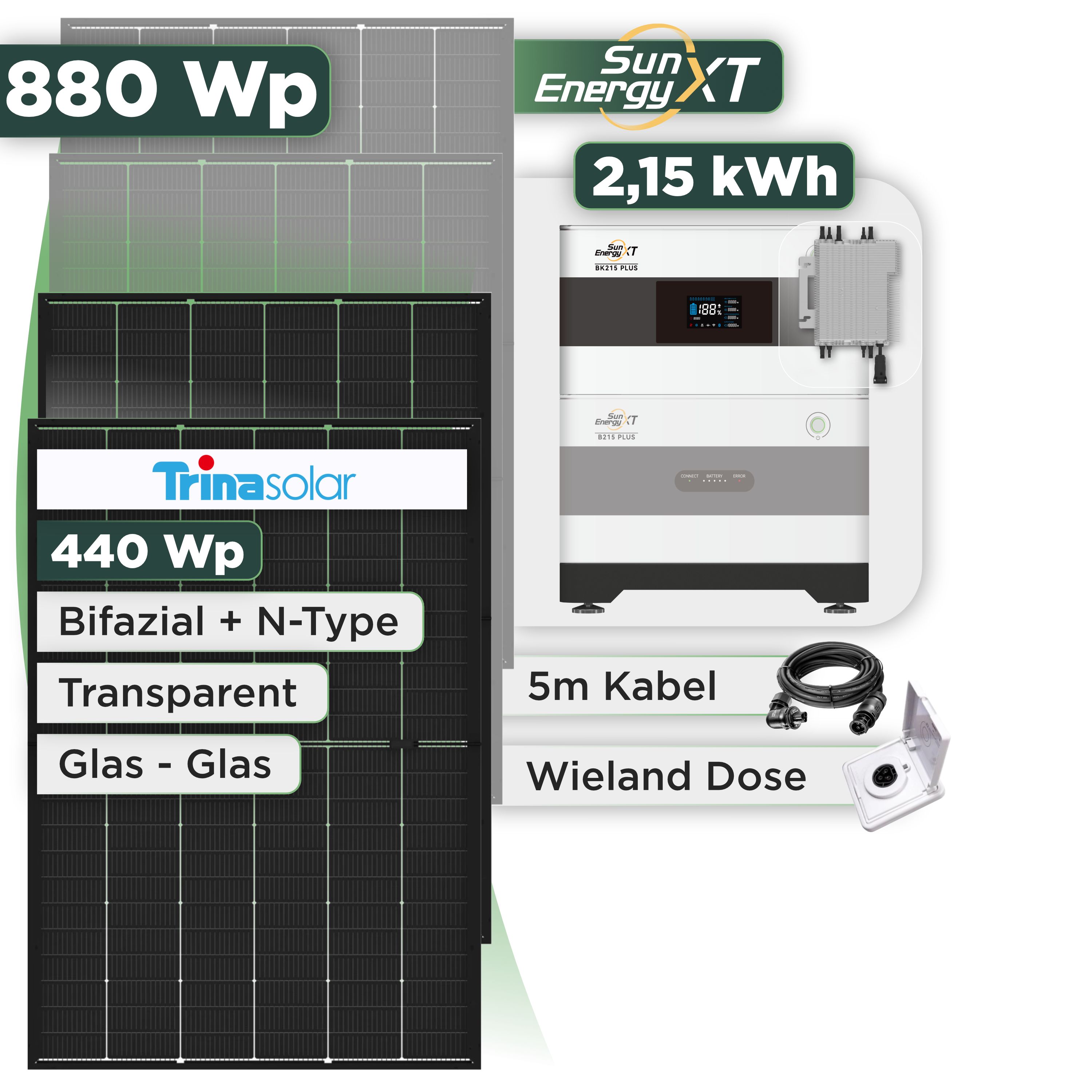 Balkonkraftwerk Set 880 Wp SunEnergyXT Plus / 2,15 kWh / Trina 440 Wp Glas-Glas Bifazial Modul / 2 Module / Deye 2000 W / Wieland Stecker + Dose