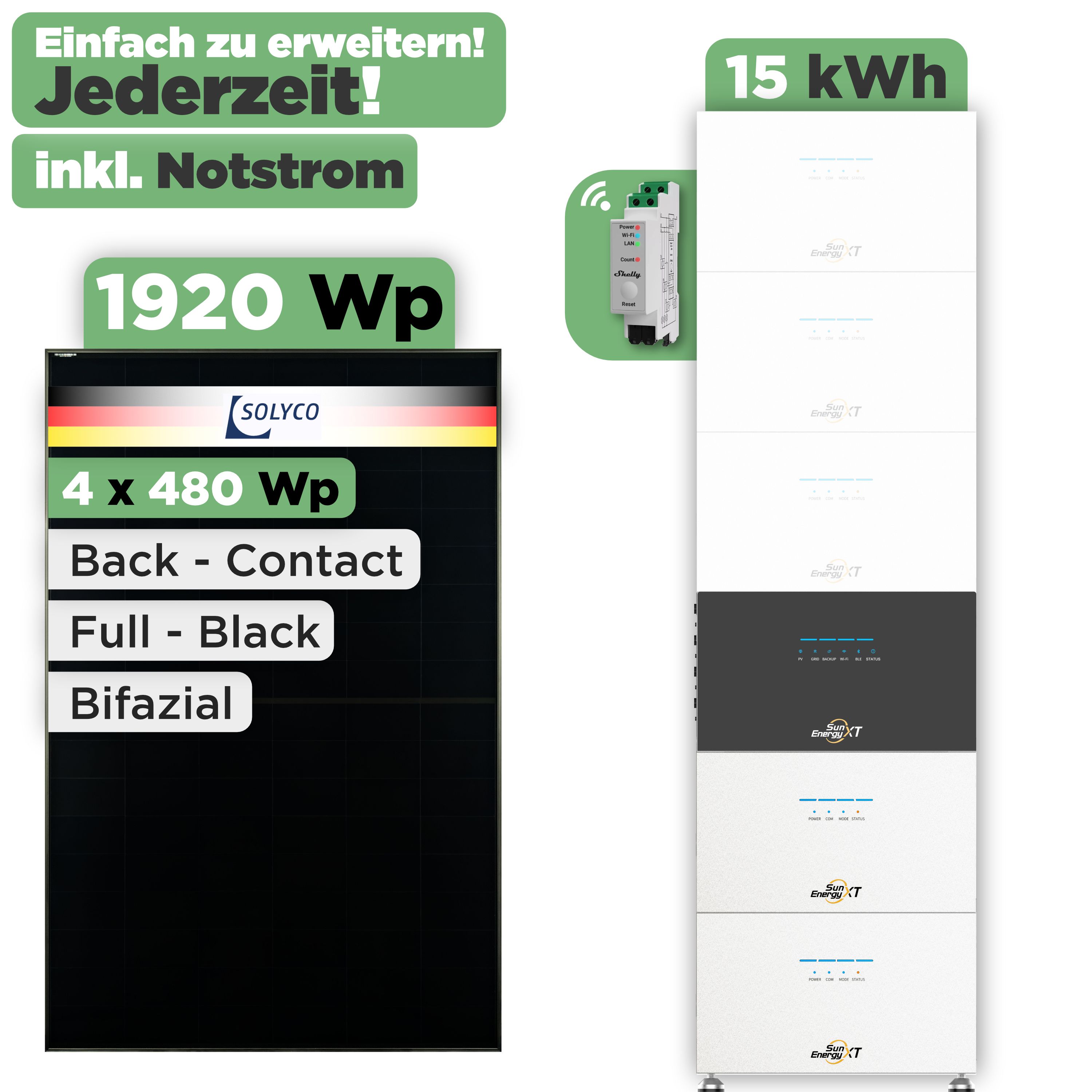 SunEnergyXT 500 Modulset 1920 Wp SunEnergyXT 500 (800 W) / 15 kWh / Shelly 3EM Pro / Solyco 480 Wp / 4 Module