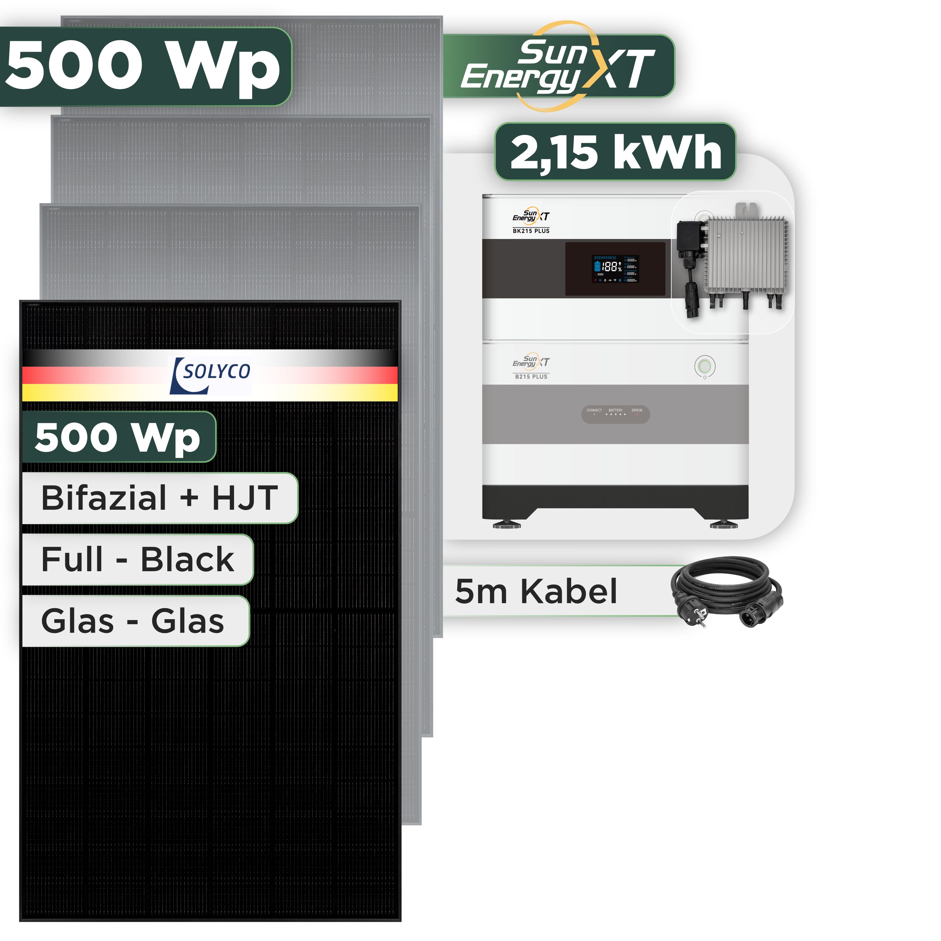 Balkonkraftwerk Set 500 Wp SunEnergyXT Plus / 2,15 kWh / Solyco 500 Wp Glas-Glas Fullblack-Modul Bifazial / 1 Modul / Deye 800 W / Schuko Stecker
