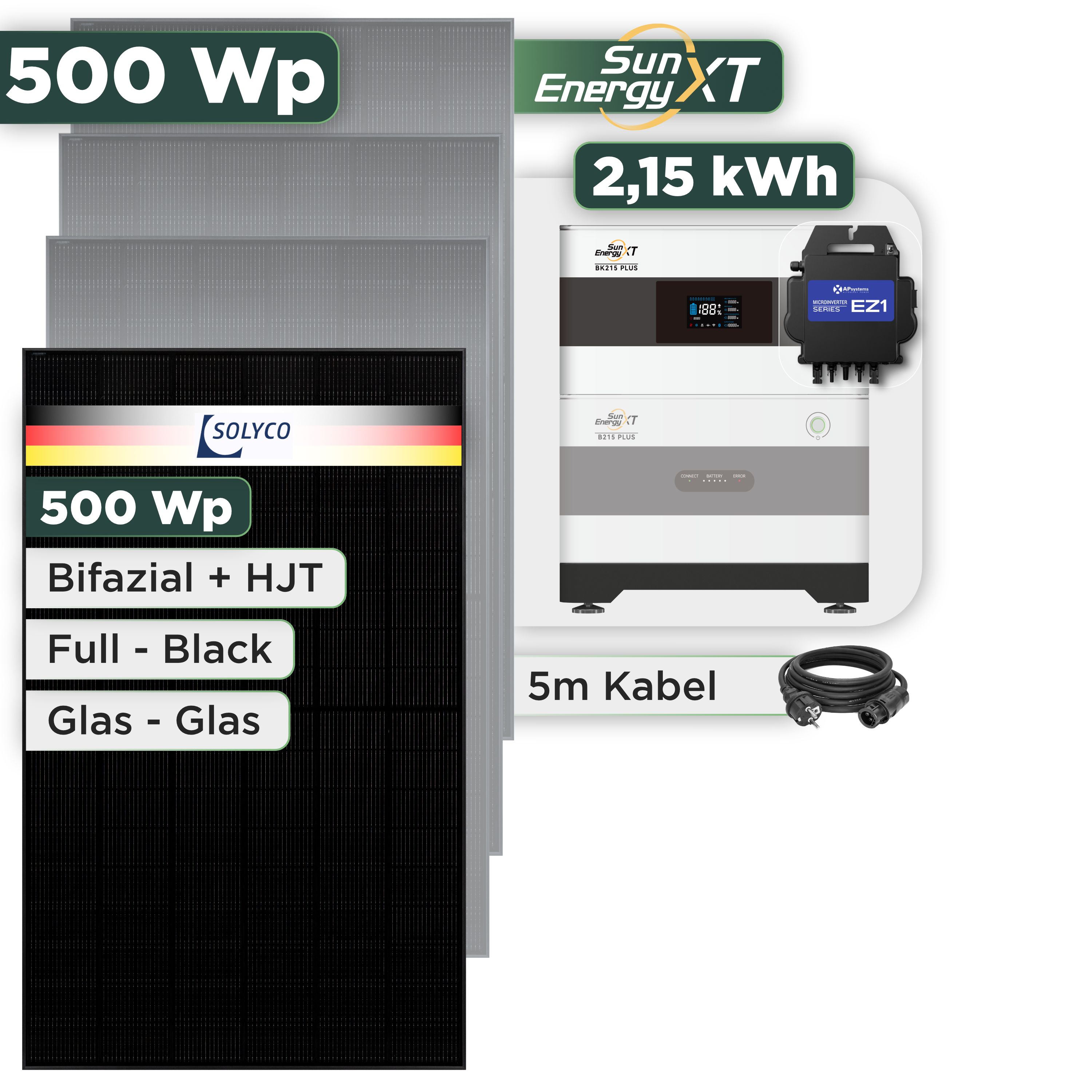 Balkonkraftwerk Set 500 Wp SunEnergyXT Plus / 2,15 kWh / Solyco 500 Wp Glas-Glas Fullblack-Modul Bifazial / 1 Modul / APSystems EZ1-M (bis 800 W) / Schuko Stecker