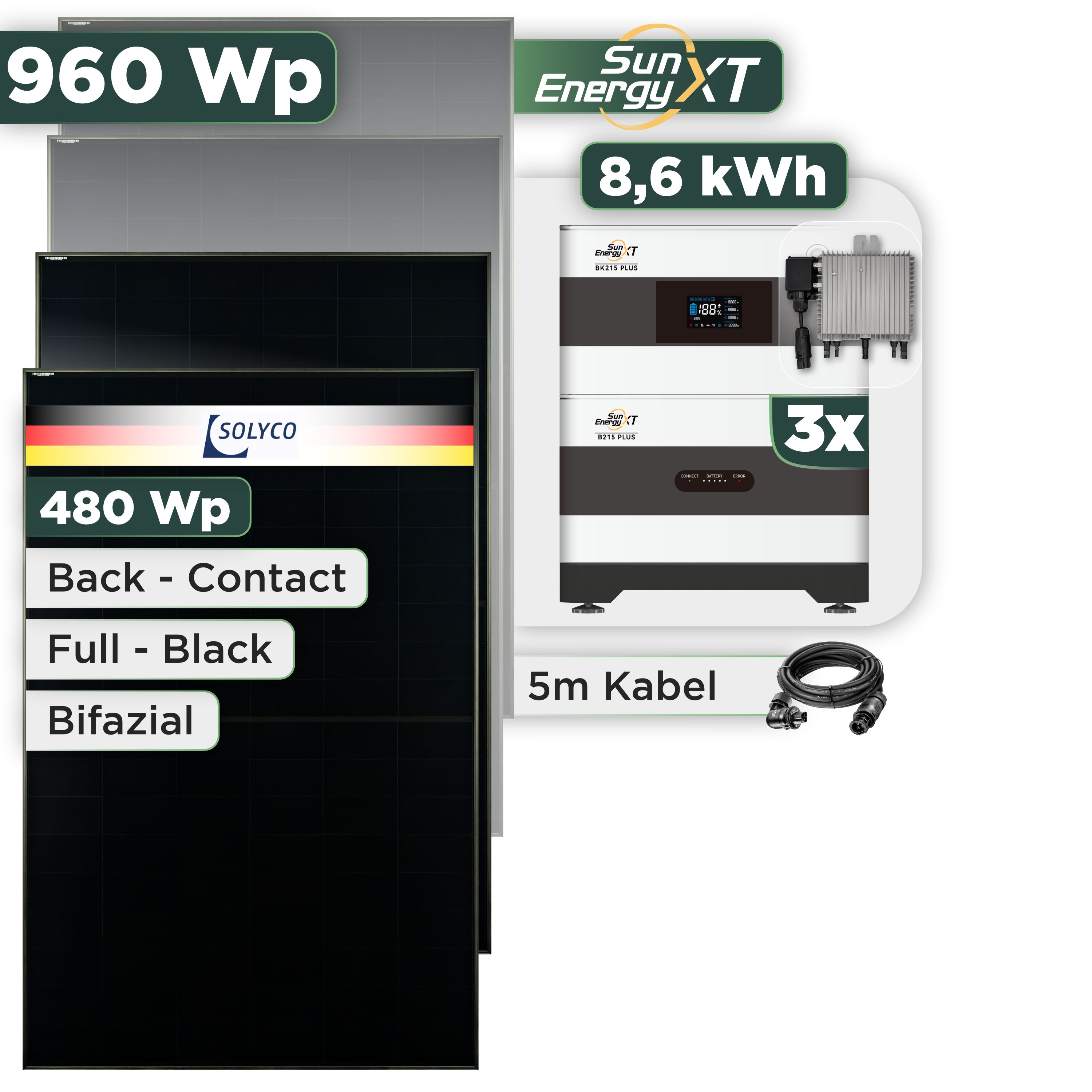 Balkonkraftwerk Set 960 Wp SunEnergyXT Plus / 8,6 kWh / Solyco 480 Wp Glas-Glas Fullblack Back Contact Modul / 2 Module / Deye 800 W / Wieland Stecker
