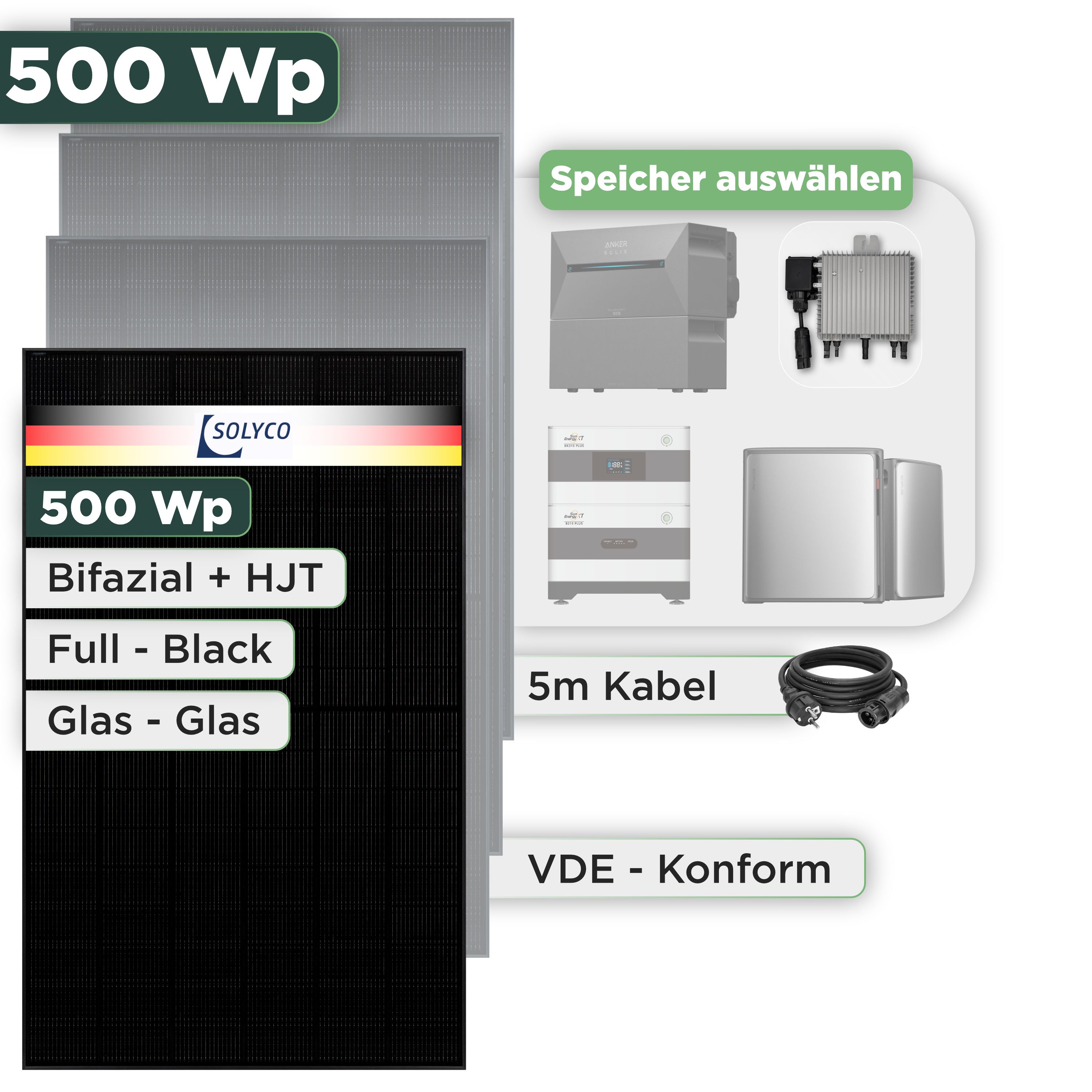 Balkonkraftwerk Set 500 Wp Solyco 500 Wp Glas-Glas Fullblack-Modul Bifazial / 1 Modul / Deye 800 W / Schuko Stecker