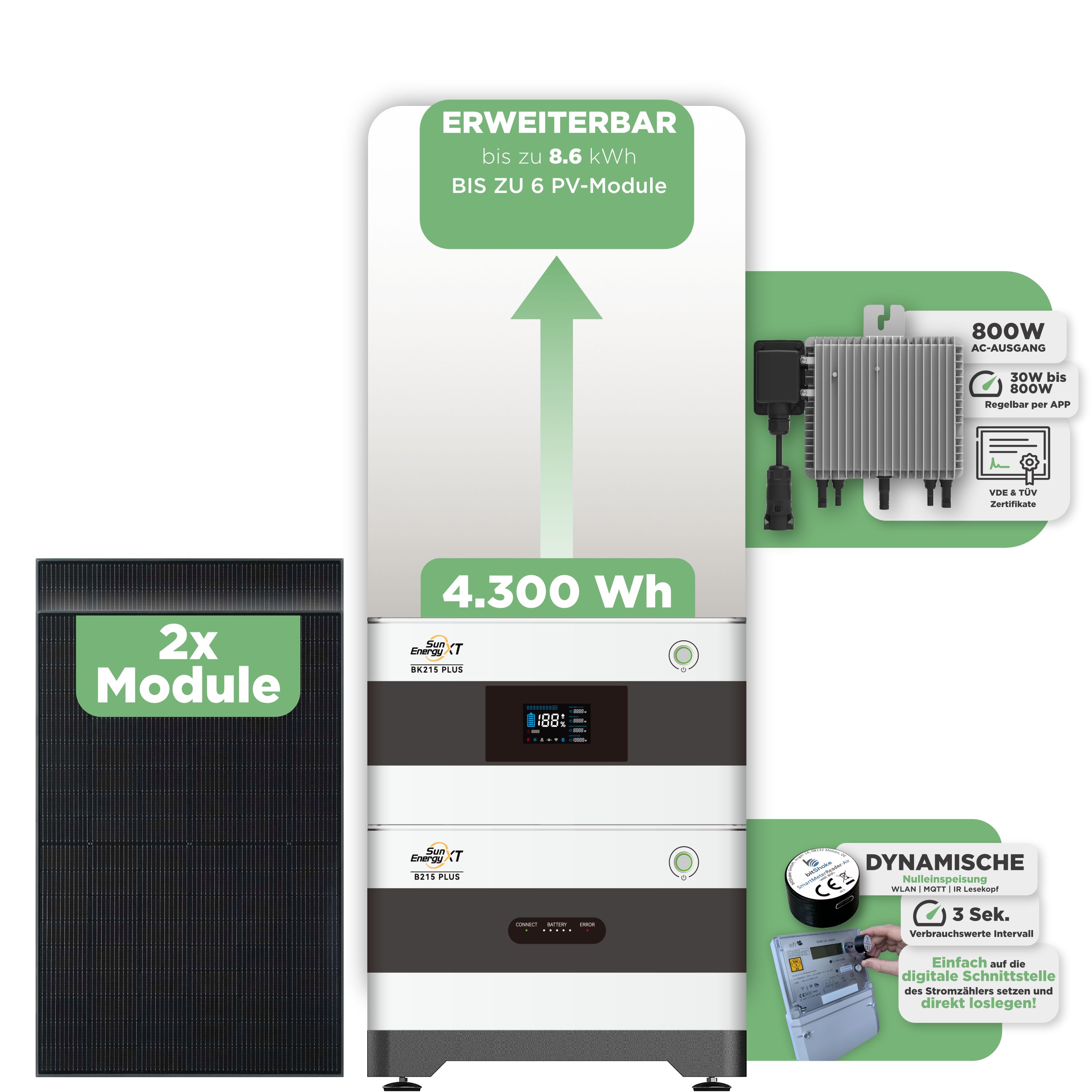 SunEnergyXT BK215 Plus Balkonkraftwerkspeicher 4.300 Wh / mit IR Lesekopf (bitshake) / 800 W (Deye-SUN-M)