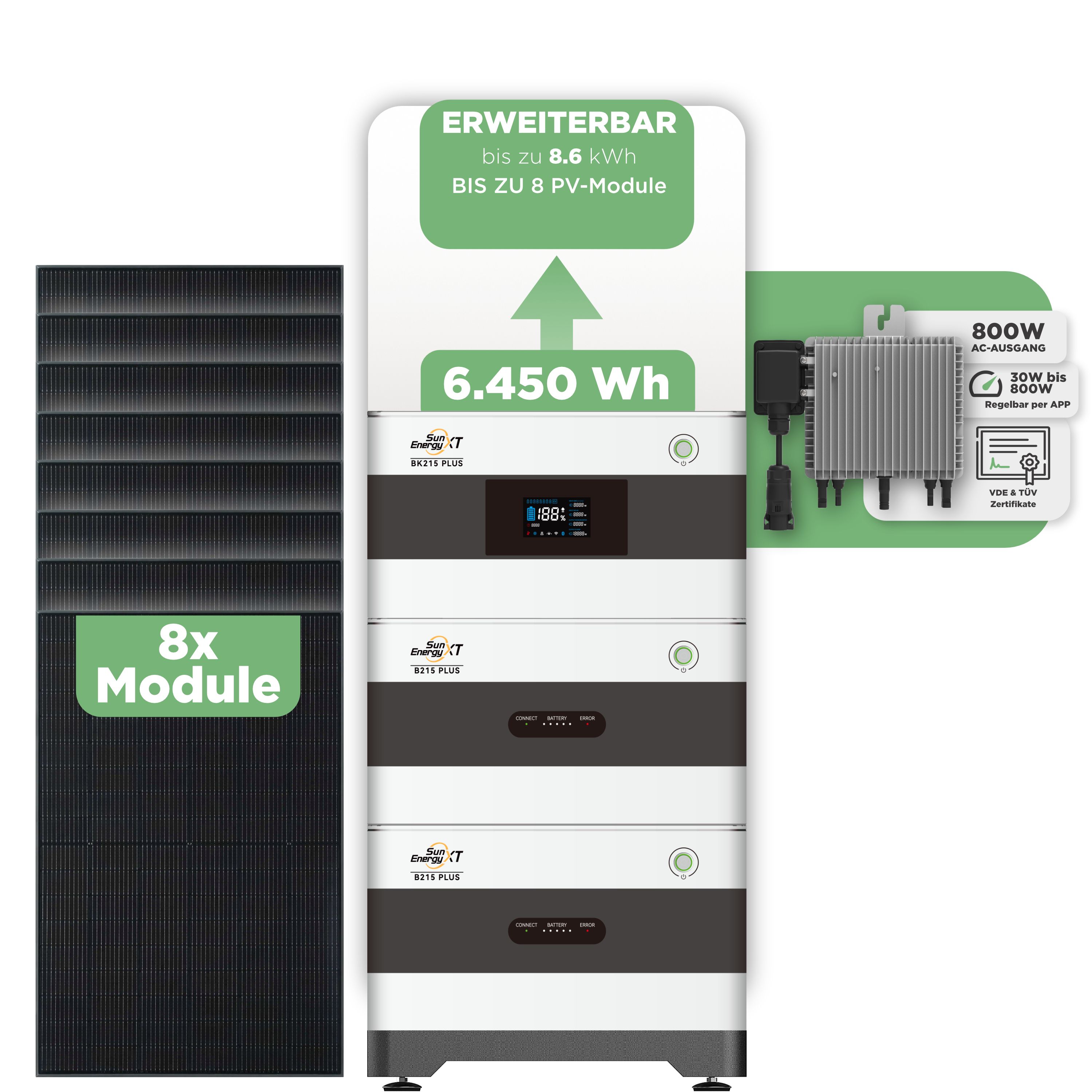 SunEnergyXT Balkonkraftwerkspeicher — 6.450 Wh / 800 W (Deye-SUN-M) / 8 x Trina 440 Wp Bifazial