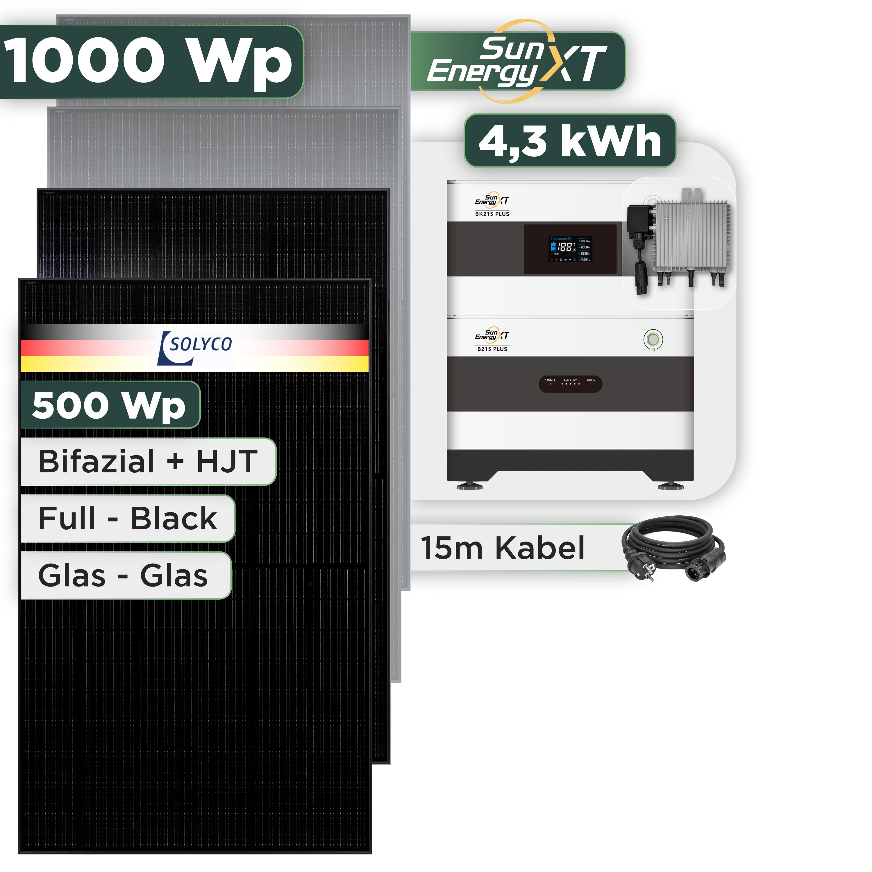 Balkonkraftwerk Set 1000 Wp — SunEnergyXT Plus / 4,3 kWh / Solyco 500 Wp Glas-Glas Fullblack-Modul Bifazial / 2 Module / Deye 800 W / Schuko Stecker / 15 m