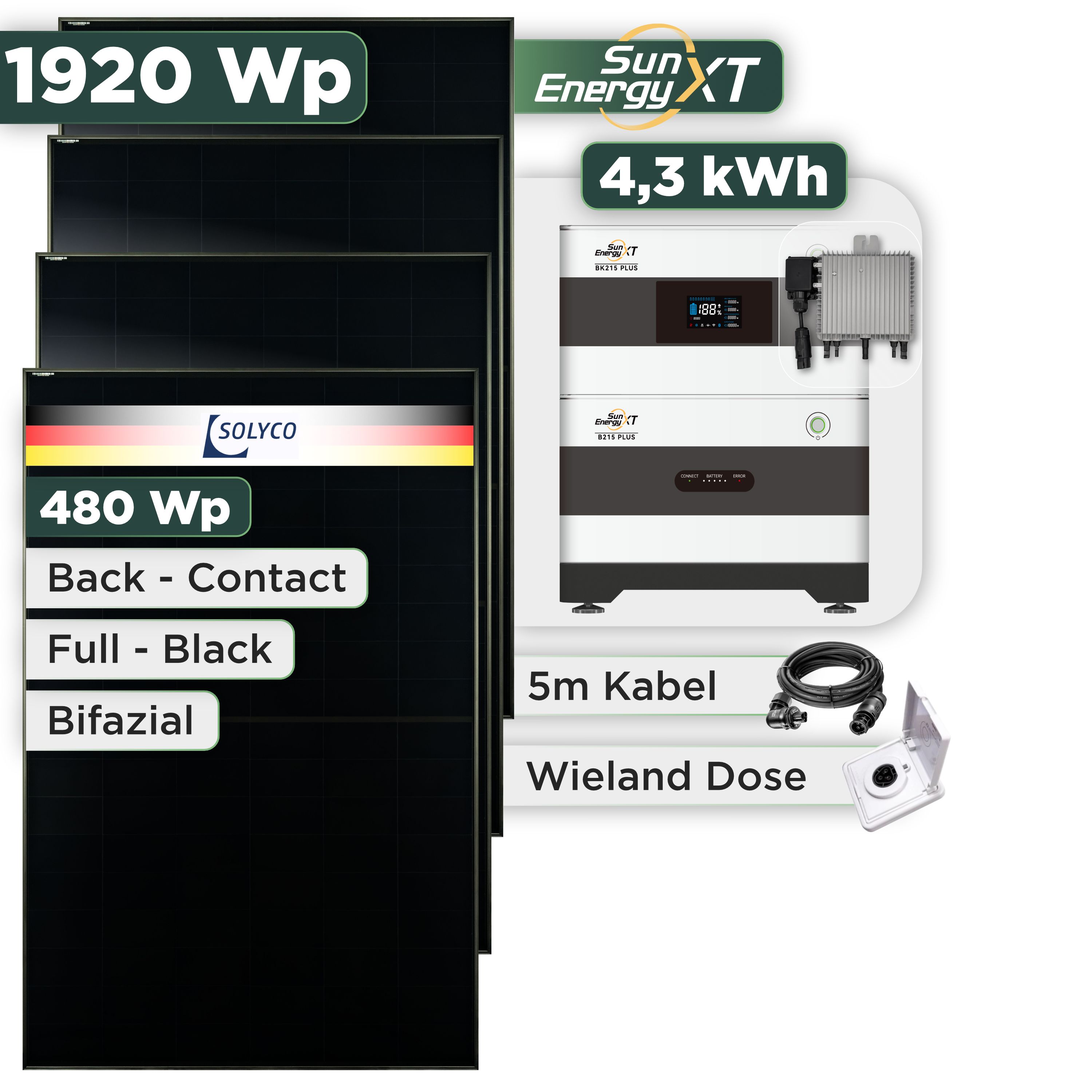 Balkonkraftwerk Set 1920 Wp SunEnergyXT Plus / 4,3 kWh / Solyco 480 Wp Glas-Glas Fullblack Back Contact Modul / 4 Module / Deye 800 W / Wieland Stecker + Dose