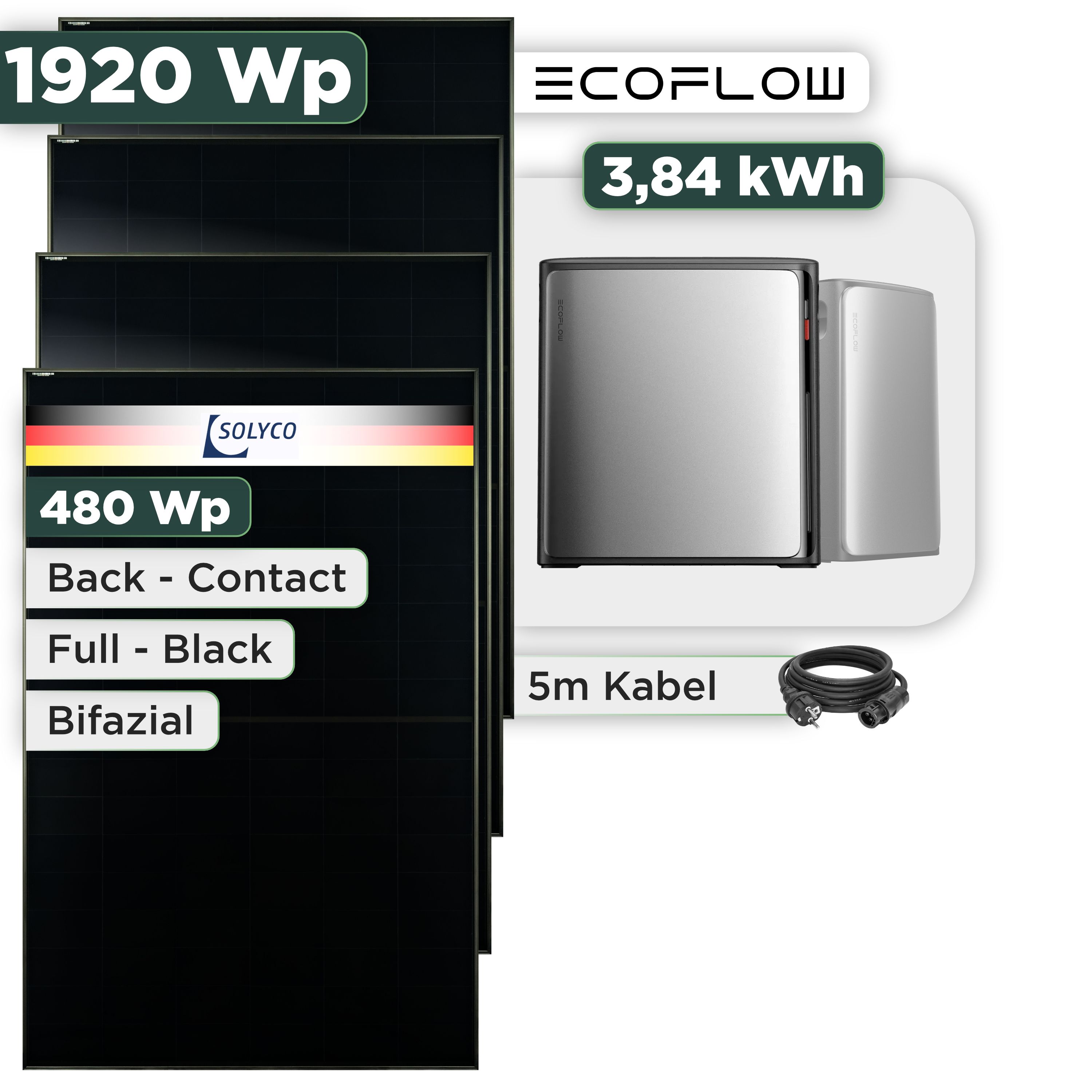 Balkonkraftwerk Set 1920 Wp Ecoflow Stream Ultra X / 3,84 kWh / Solyco 480 Wp Glas-Glas Fullblack Back Contact Modul / 4 Module / Schuko Stecker / 1,5 m