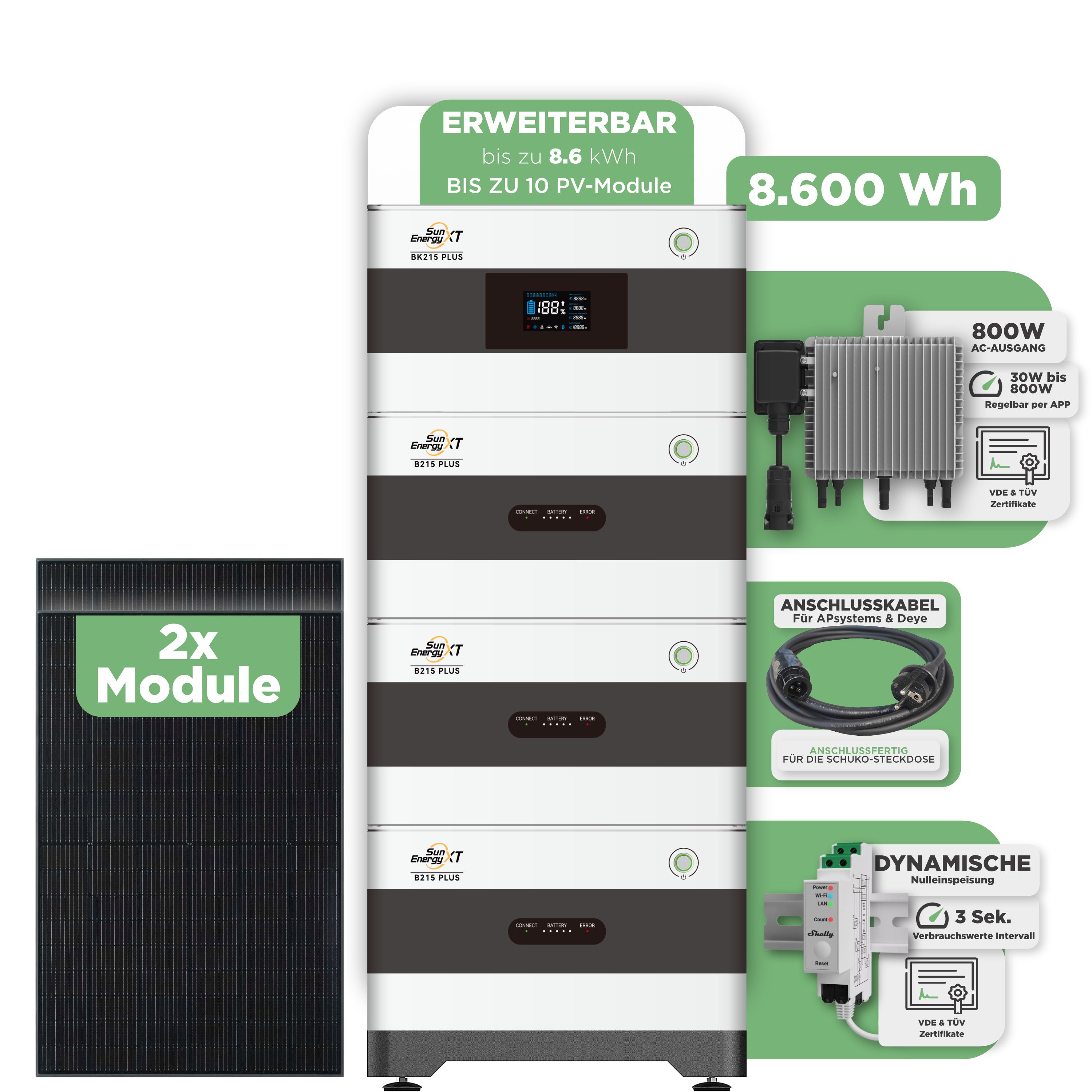 SunEnergyXT BK215 Plus Balkonkraftwerkspeicher 8.600 Wh / mit Shelly 3EM Pro / 800 W (Deye-SUN-M) / 15 m Schuko Kabel