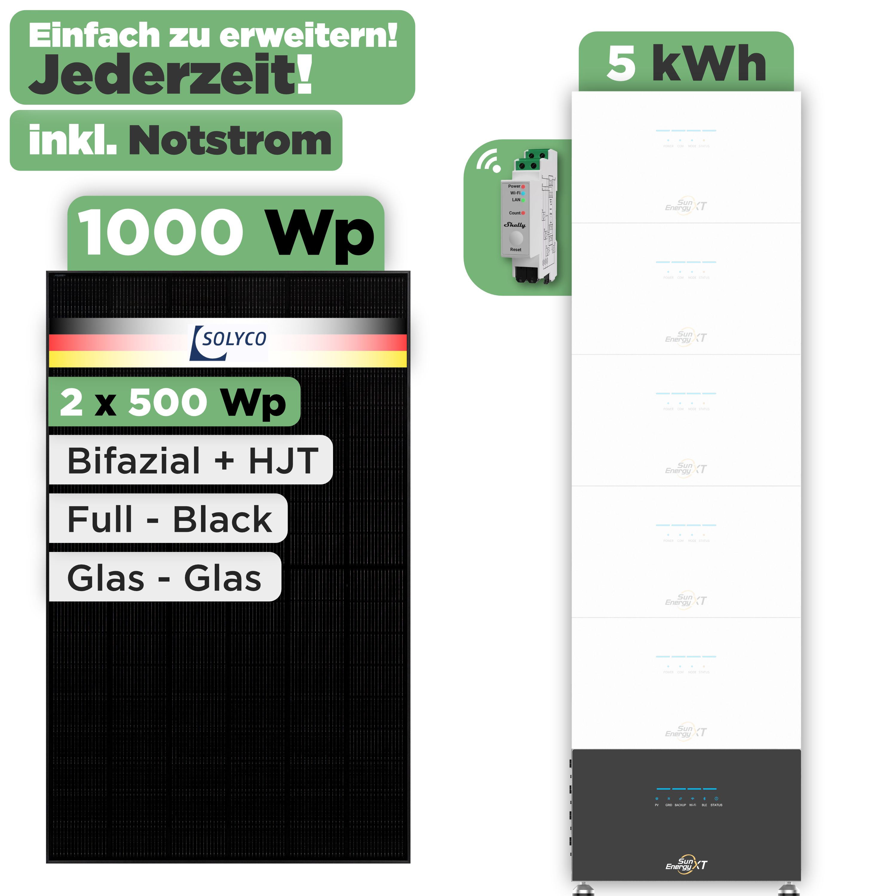 SunEnergyXT 500 Modulset 1000 Wp SunEnergyXT 500 Pro (2400 W) / 5 kWh / Shelly 3EM Pro / Solyco 500 Wp / 2 Module