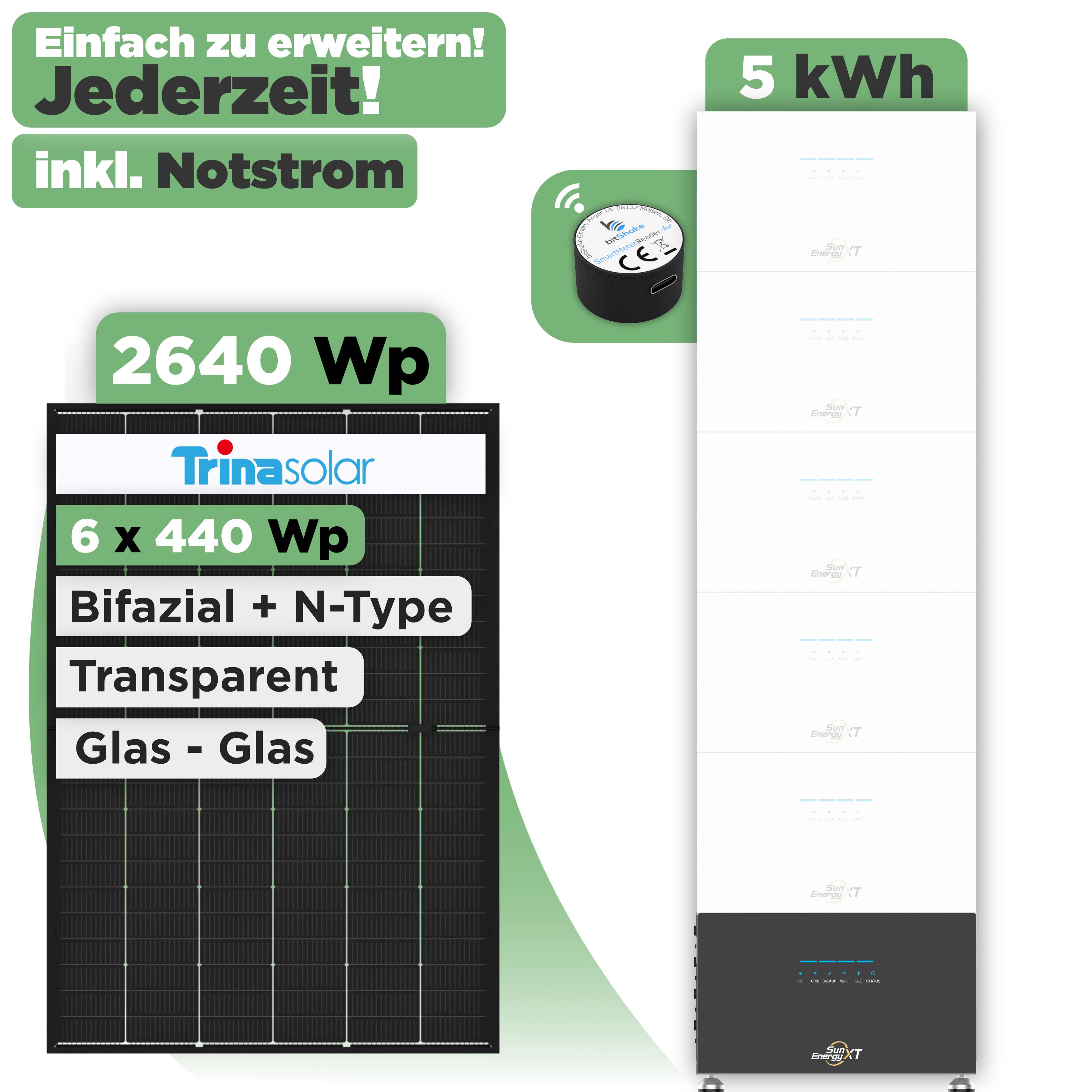 SunEnergyXT 500 Modulset 2640 Wp SunEnergyXT 500 (800 W) / 5 kWh / IR Lesekopf / Trina 440 Wp / 6 Module