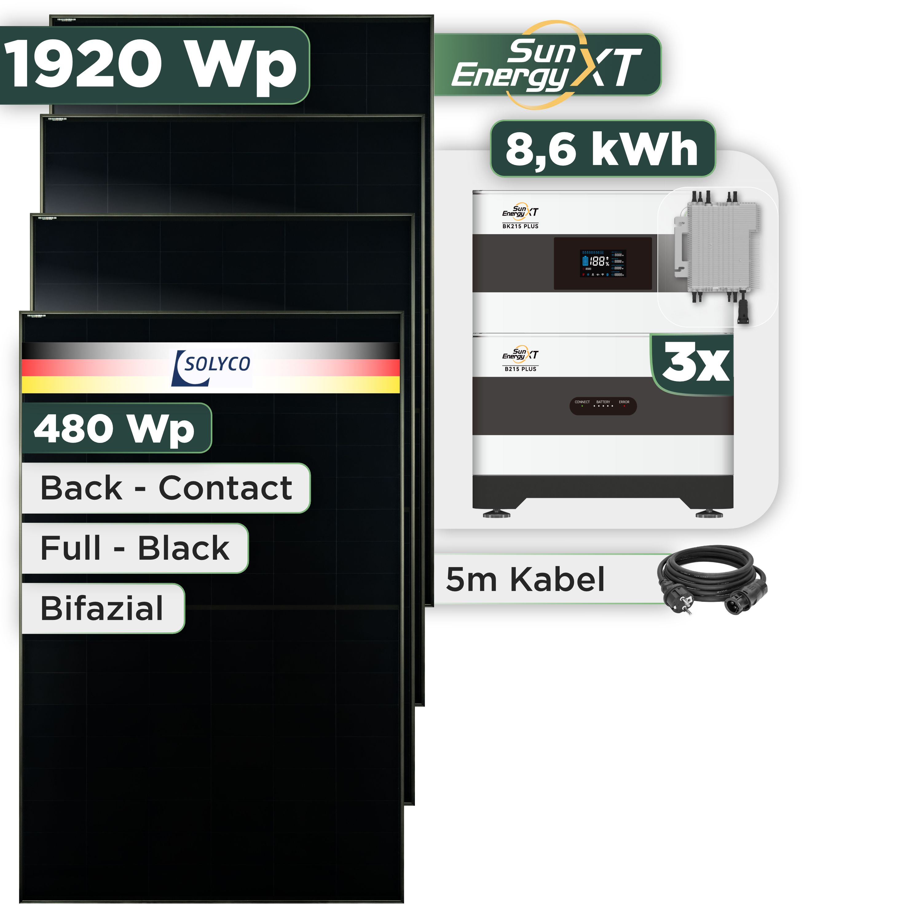 Balkonkraftwerk Set 1920 Wp SunEnergyXT Plus / 8,6 kWh / Solyco 480 Wp Glas-Glas Fullblack Back Contact Modul / 4 Module / Deye 2000 W / Schuko Stecker