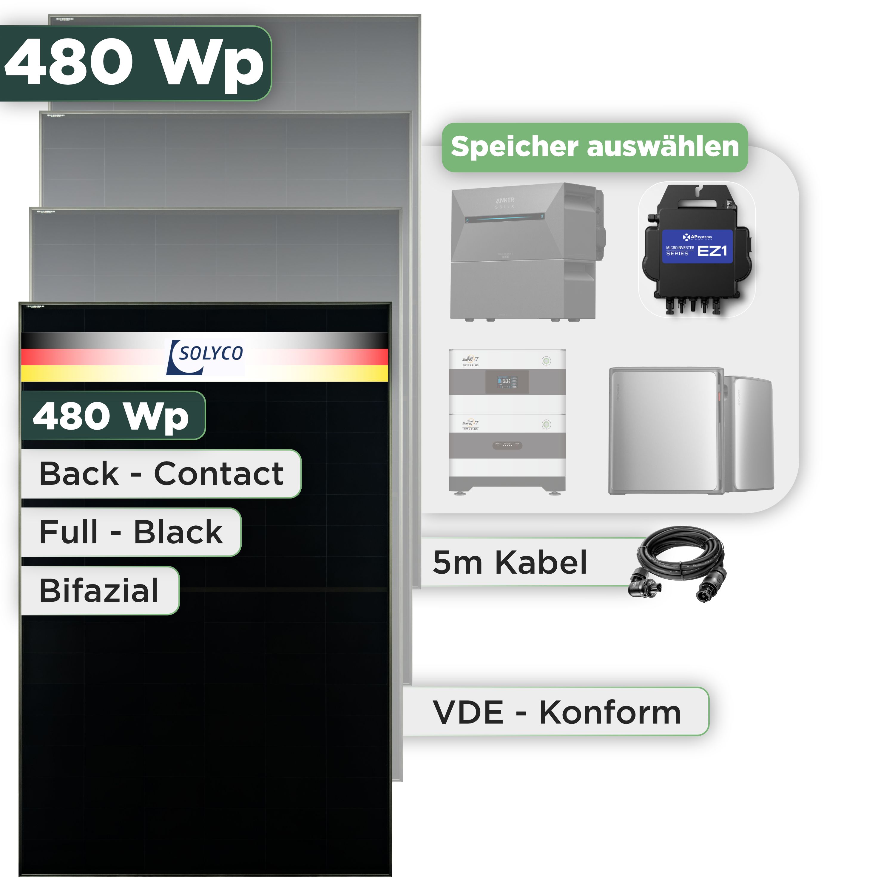 Balkonkraftwerk Set 480 Wp Solyco 480 Wp Glas-Glas Fullblack Back Contact Modul / 1 Modul / APSystems EZ1-M (bis 800 W) / Wieland Stecker