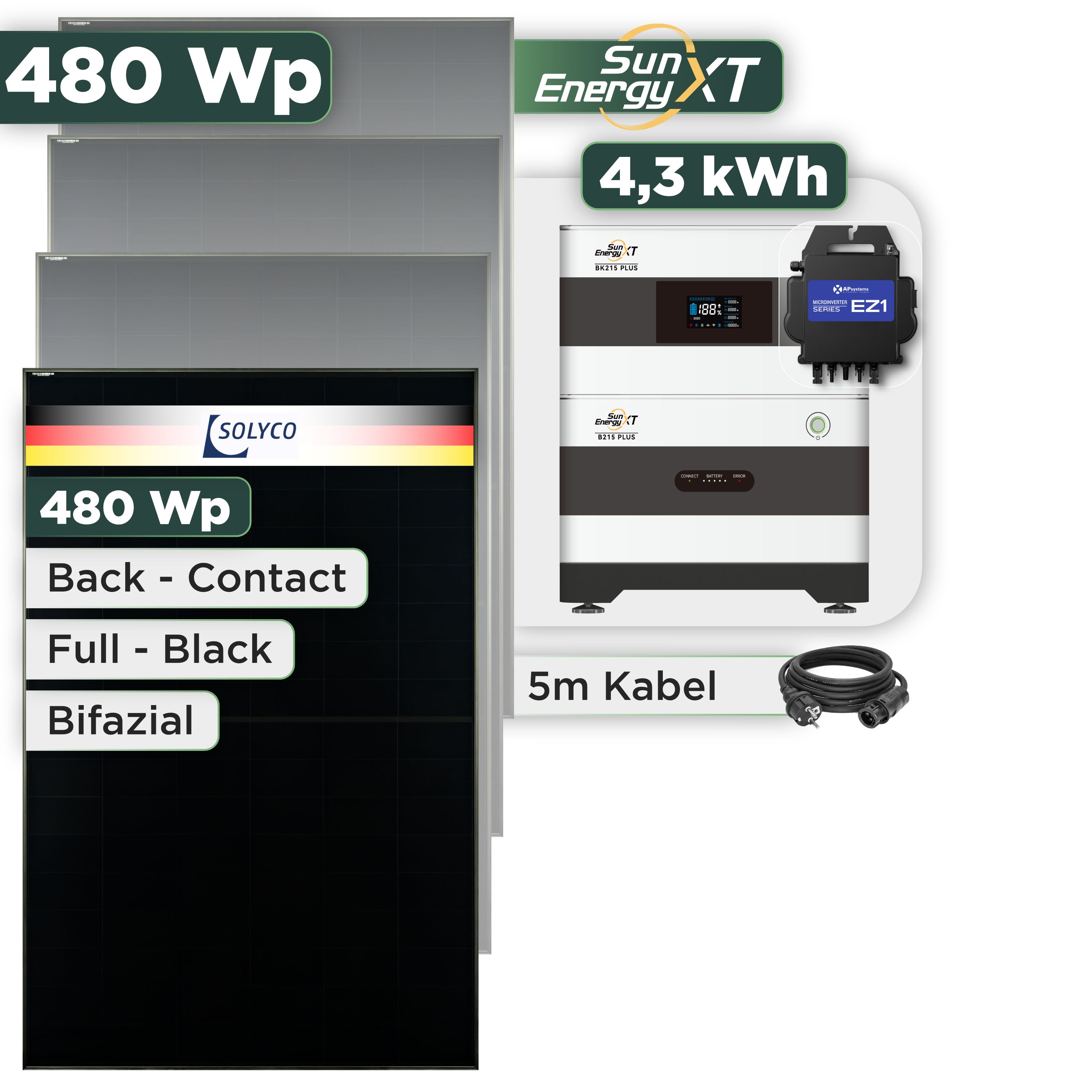 Balkonkraftwerk Set 480 Wp SunEnergyXT Plus / 4,3 kWh / Solyco 480 Wp Glas-Glas Fullblack Back Contact Modul / 1 Modul / APSystems EZ1-M (bis 800 W) / Schuko Stecker