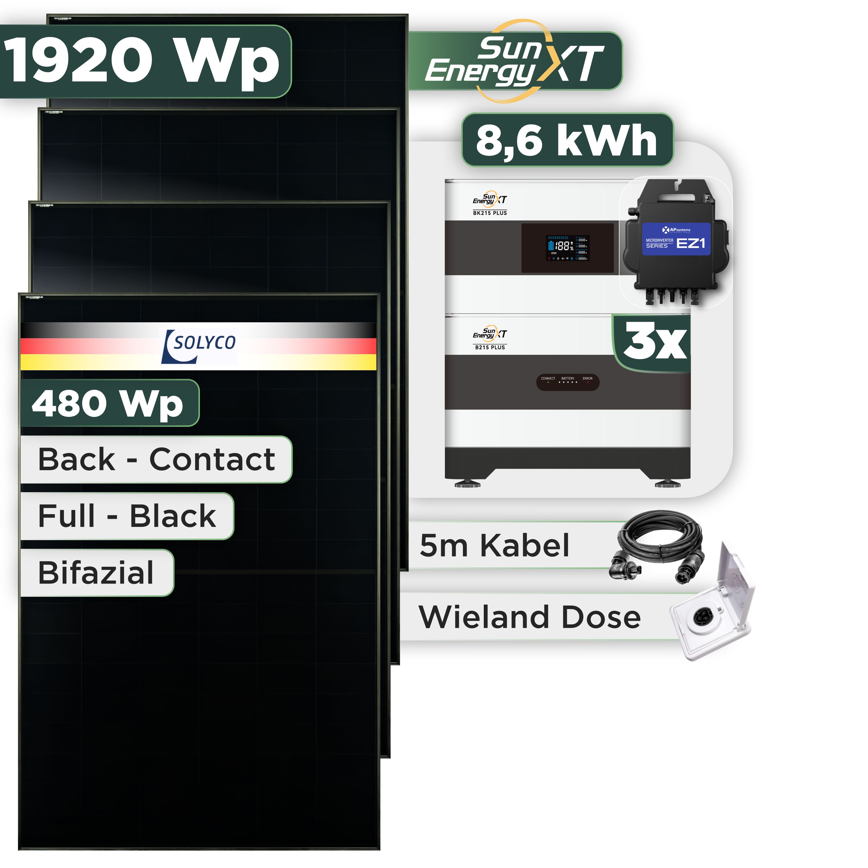 Balkonkraftwerk Set 1920 Wp SunEnergyXT Plus / 8,6 kWh / Solyco 480 Wp Glas-Glas Fullblack Back Contact Modul / 4 Module / APSystems EZ1-M (bis 800 W) / Wieland Stecker + Dose