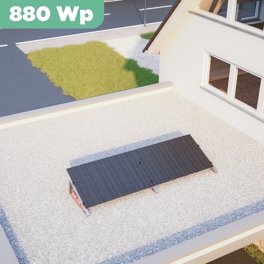 Balkonkraftwerk Flachdach 880 Wp — APsystems EZ1-M 800 W / Trina Solar / 440 Wp (Glas-Glas + Bifazial) / Standard / eine Reihe quer / 2 Module / 20 m