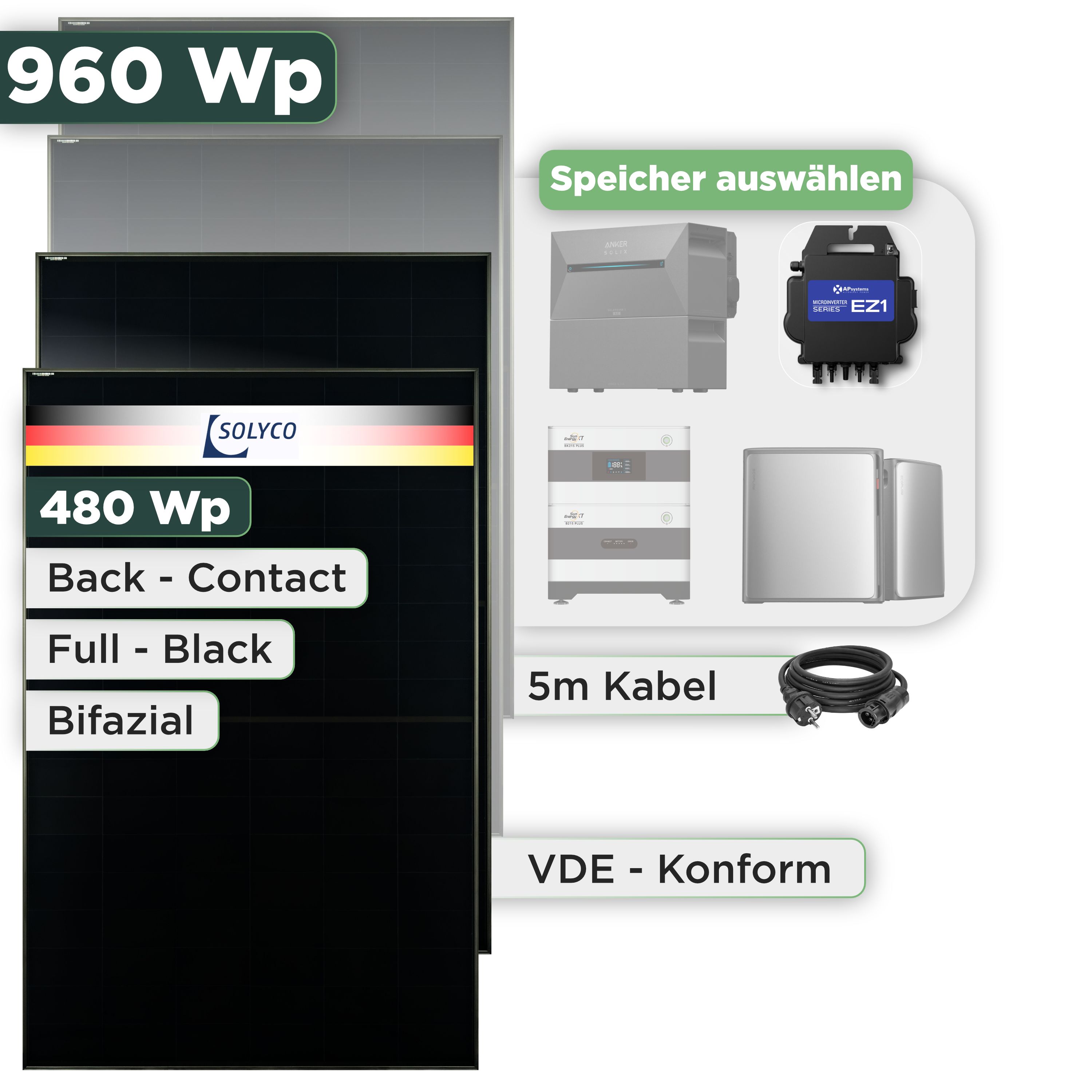 Balkonkraftwerk Set 960 Wp — Solyco 480 Wp Glas-Glas Fullblack Back Contact Modul  / 2 Module / APSystems EZ1-M (bis 800 W) / Schuko Stecker / 5 m