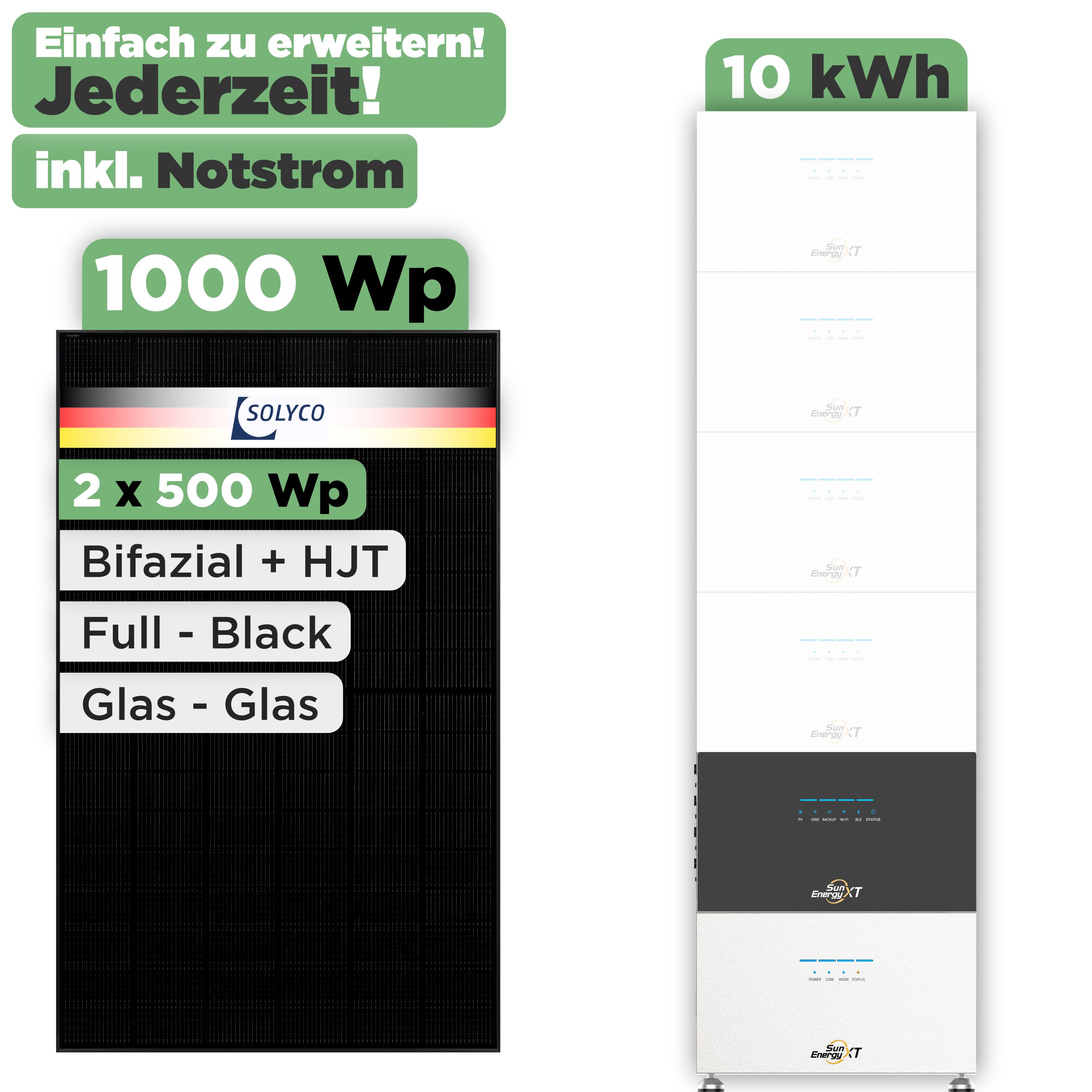 SunEnergyXT 500 Modulset 1000 Wp SunEnergyXT 500 (800 W) / 10 kWh / Solyco 500 Wp / 2 Module