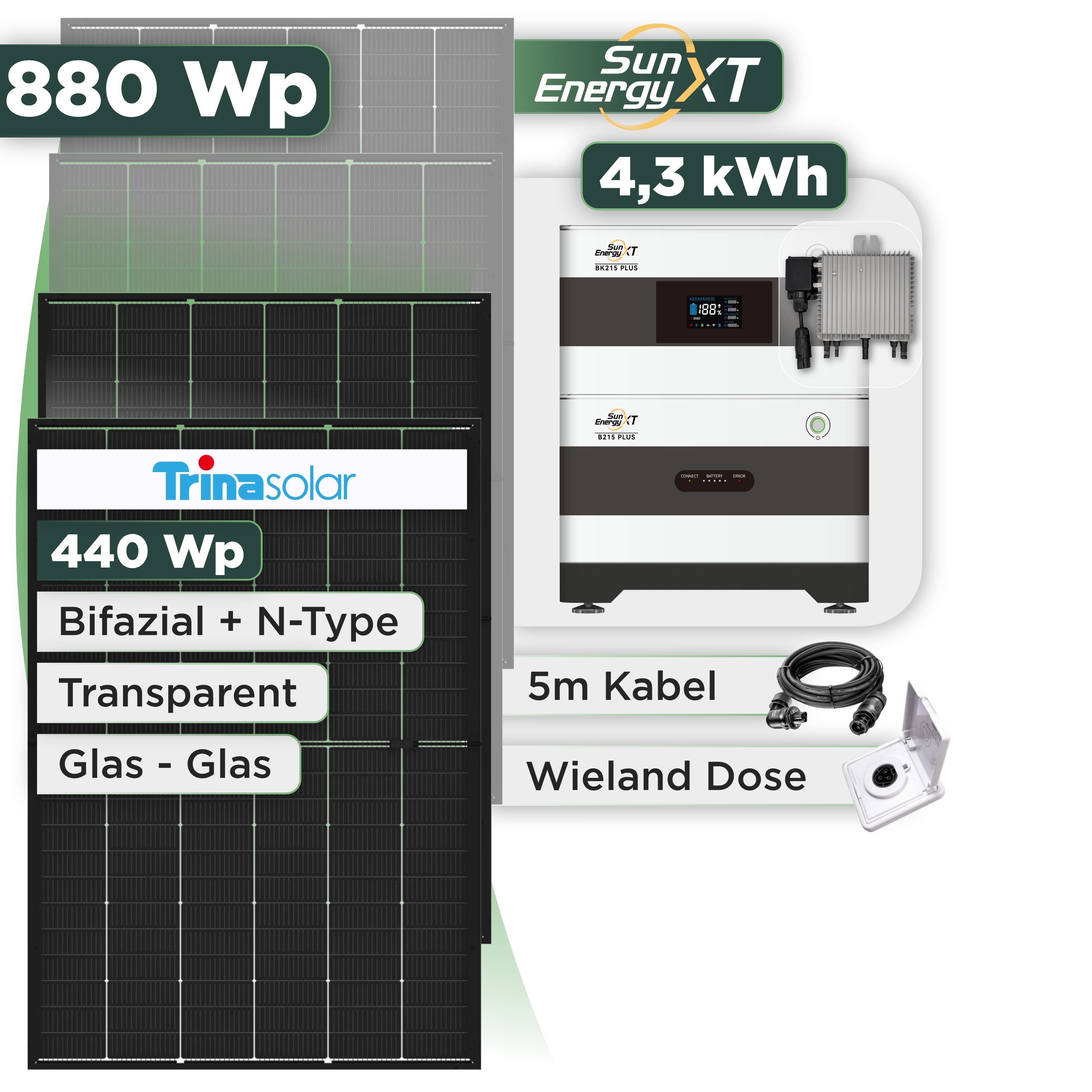 Balkonkraftwerk Set 880 Wp SunEnergyXT Plus / 4,3 kWh / Trina 440 Wp Glas-Glas Bifazial Modul / 2 Module / Deye 800 W / Wieland Stecker + Dose