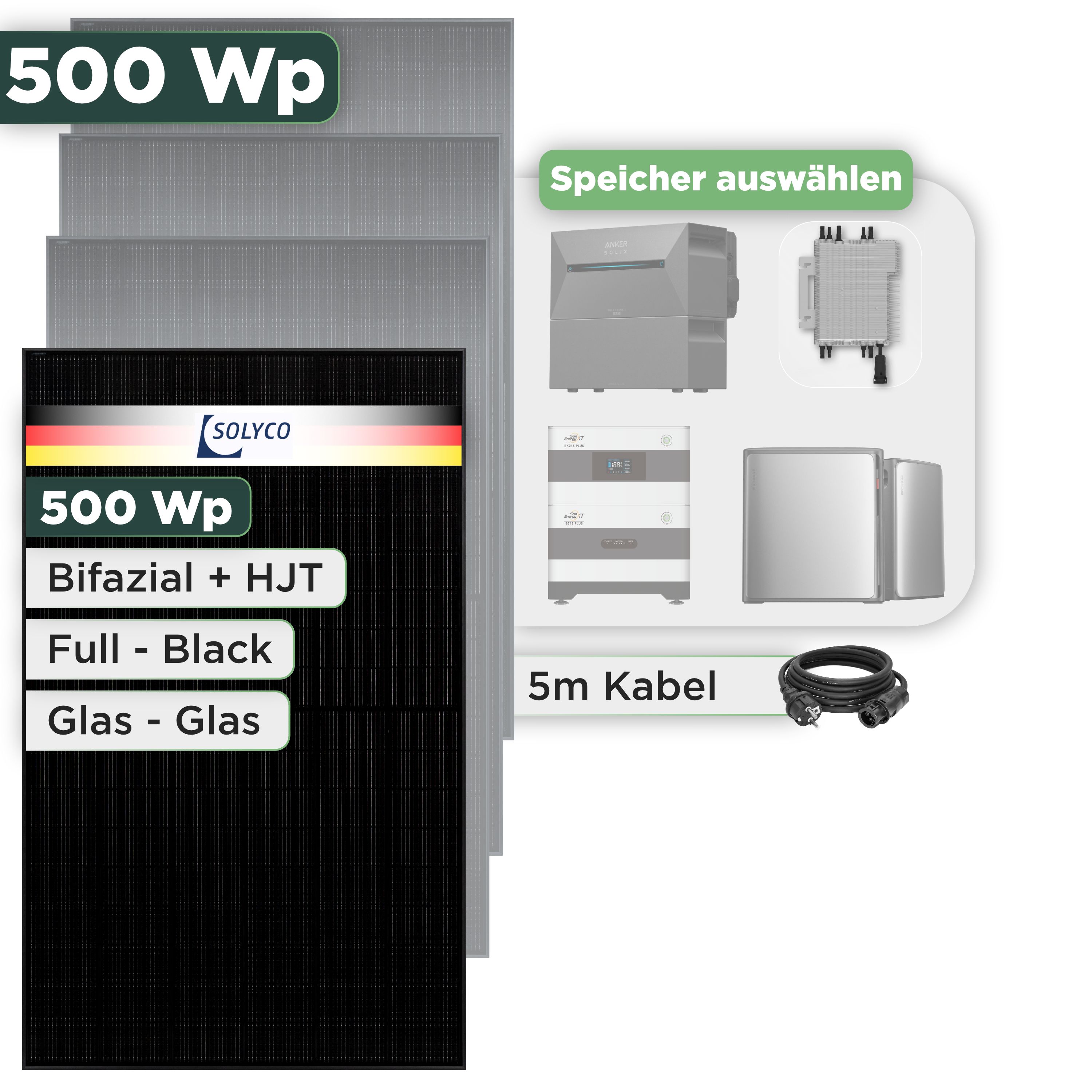 Balkonkraftwerk Set 500 Wp Solyco 500 Wp Glas-Glas Fullblack-Modul Bifazial / 1 Modul / Deye 2000 W / Schuko Stecker