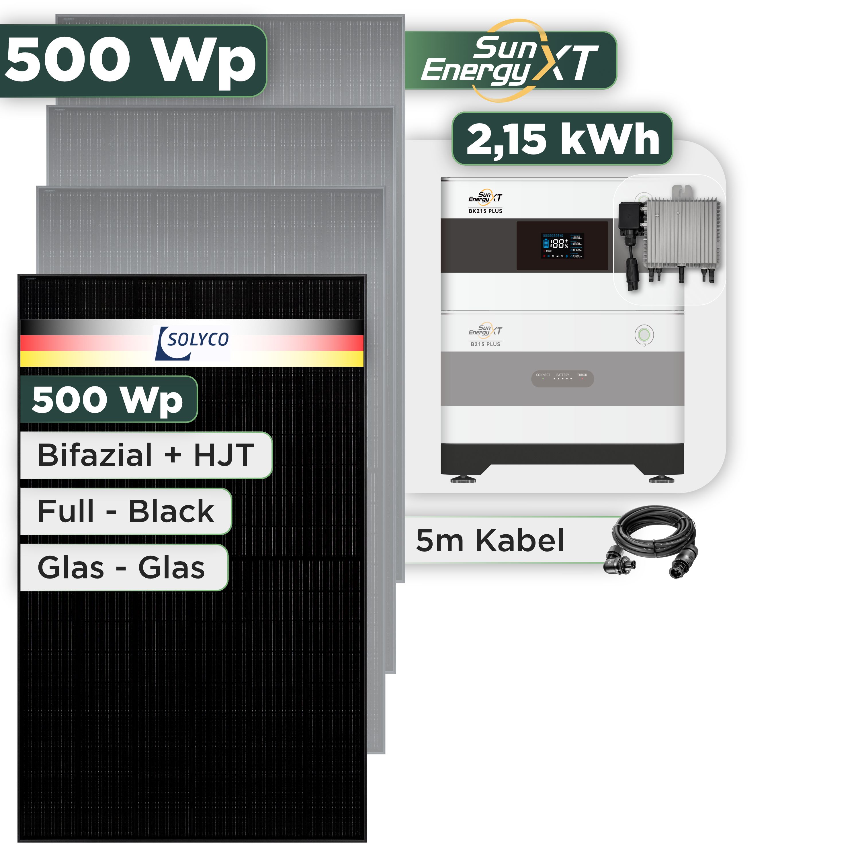 Balkonkraftwerk Set 500 Wp SunEnergyXT Plus / 2,15 kWh / Solyco 500 Wp Glas-Glas Fullblack-Modul Bifazial / 1 Modul / Deye 800 W / Wieland Stecker