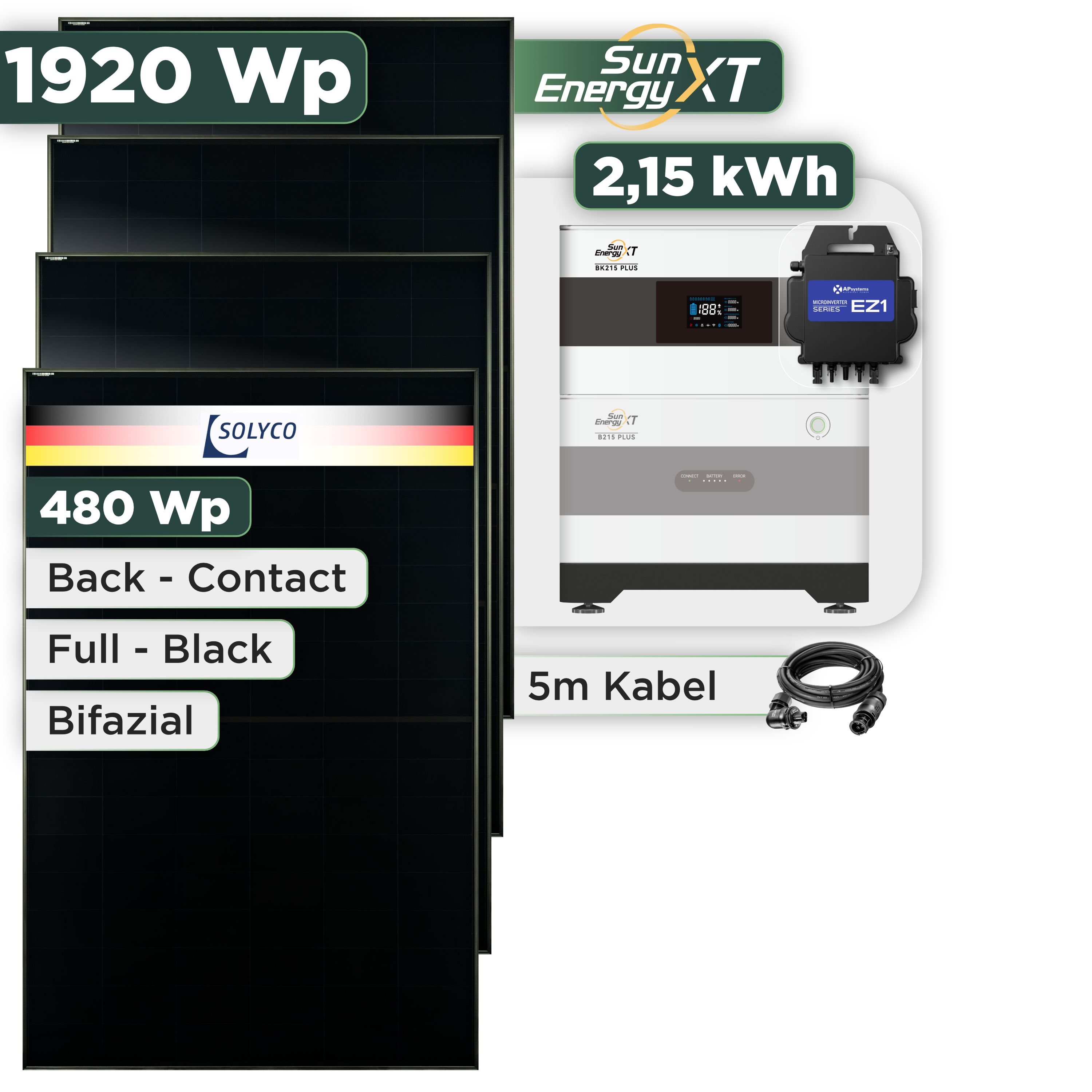 Balkonkraftwerk Set 1920 Wp SunEnergyXT Plus / 2,15 kWh / Solyco 480 Wp Glas-Glas Fullblack Back Contact Modul / 4 Module / APSystems EZ1-M (bis 800 W) / Wieland Stecker