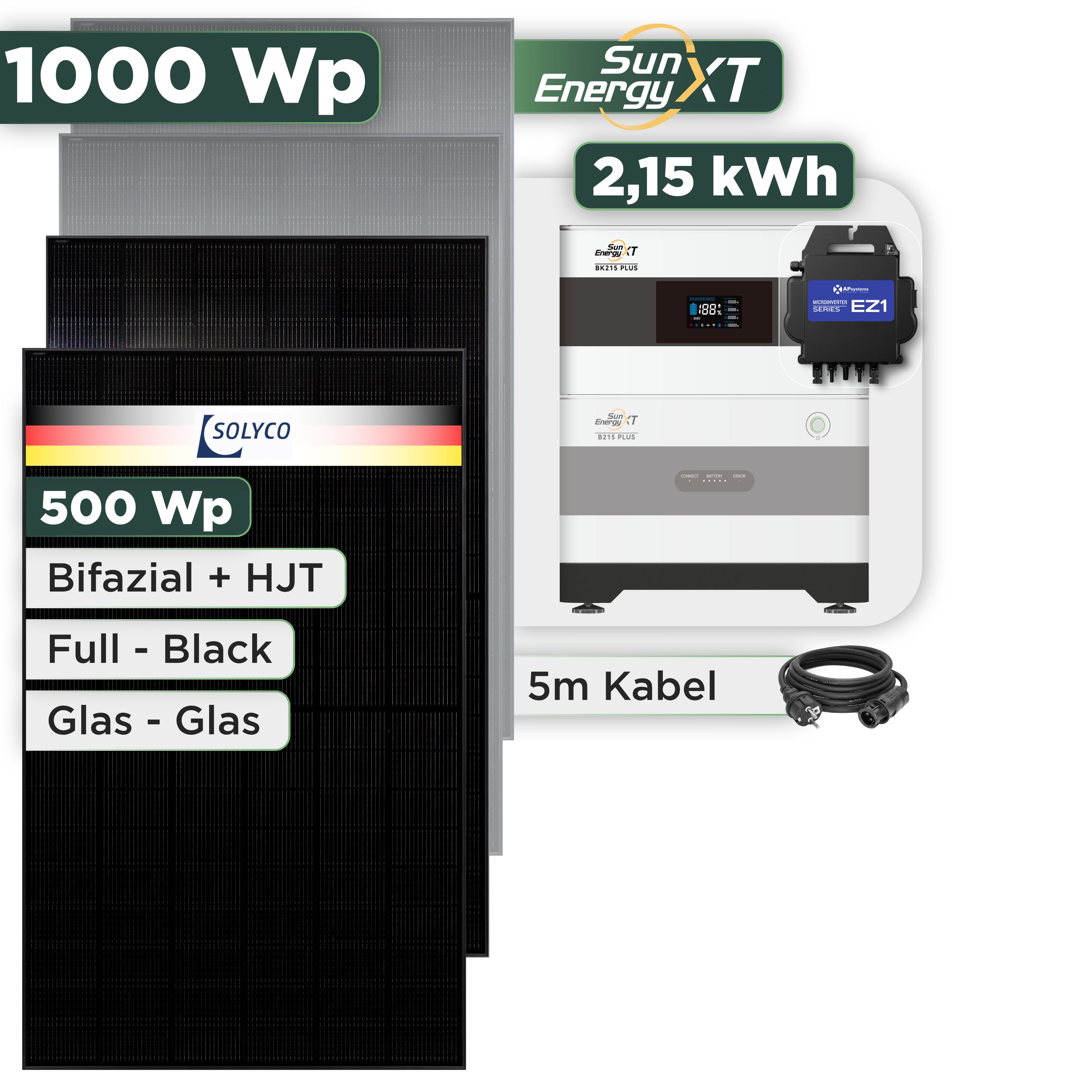 Balkonkraftwerk Set 1000 Wp SunEnergyXT Plus / 2,15 kWh / Solyco 500 Wp Glas-Glas Fullblack-Modul Bifazial / 2 Module / APSystems EZ1-M (bis 800 W) / Schuko Stecker