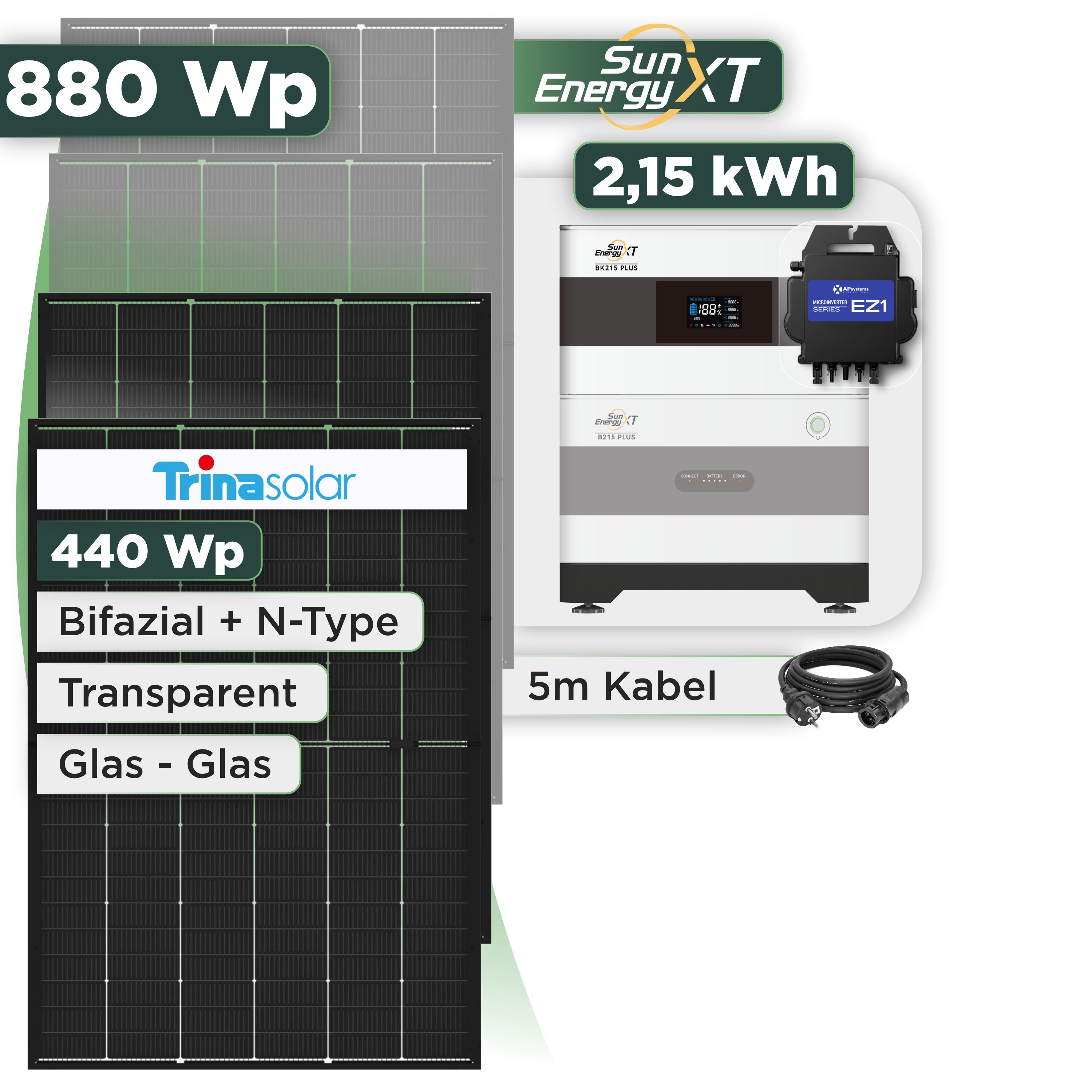 Balkonkraftwerk Set 880 Wp SunEnergyXT Plus / 2,15 kWh / Trina 440 Wp Glas-Glas Bifazial Modul / 2 Module / APSystems EZ1-M (bis 800 W) / Schuko Stecker