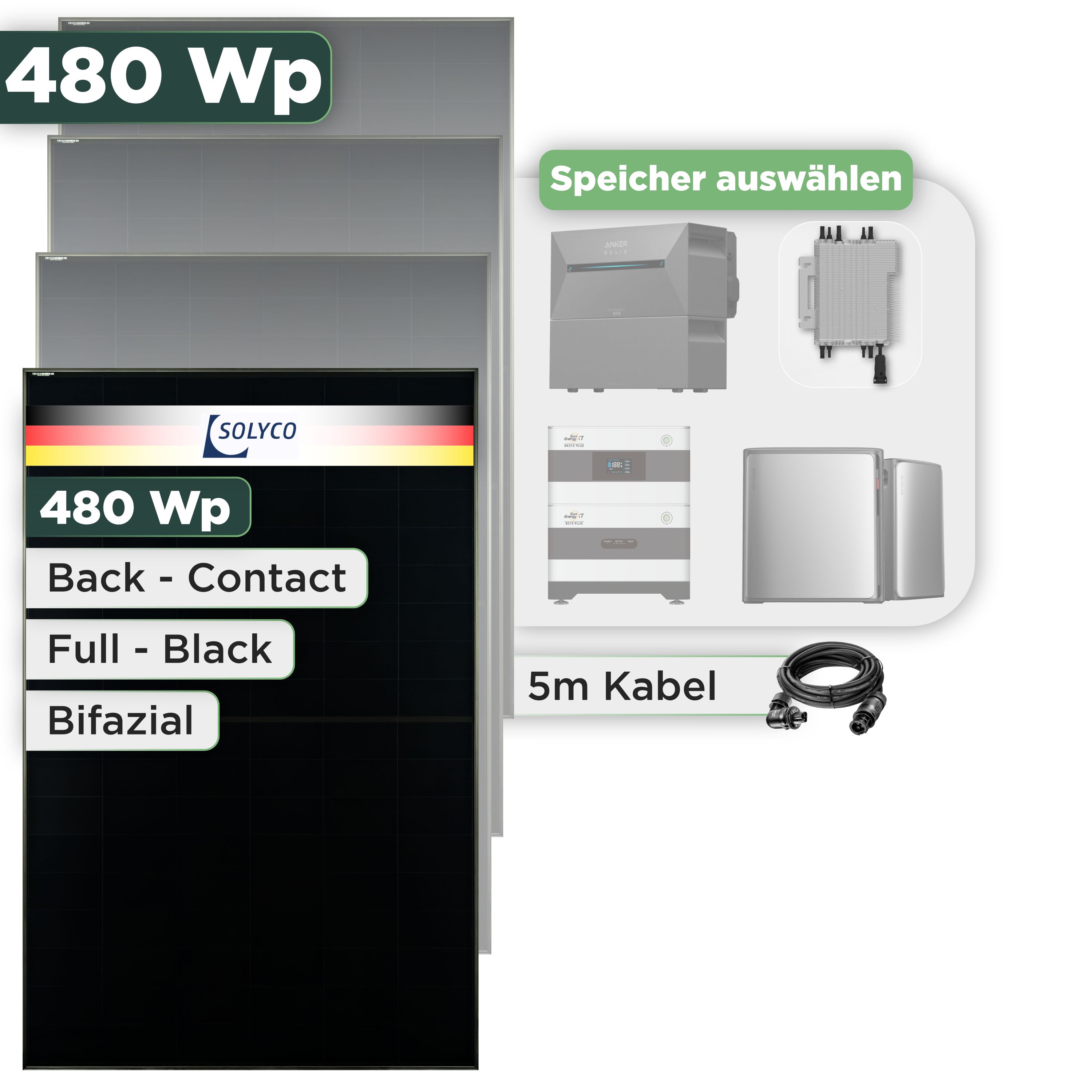 Balkonkraftwerk Set 480 Wp Solyco 480 Wp Glas-Glas Fullblack Back Contact Modul / 1 Modul / Deye 2000 W / Wieland Stecker