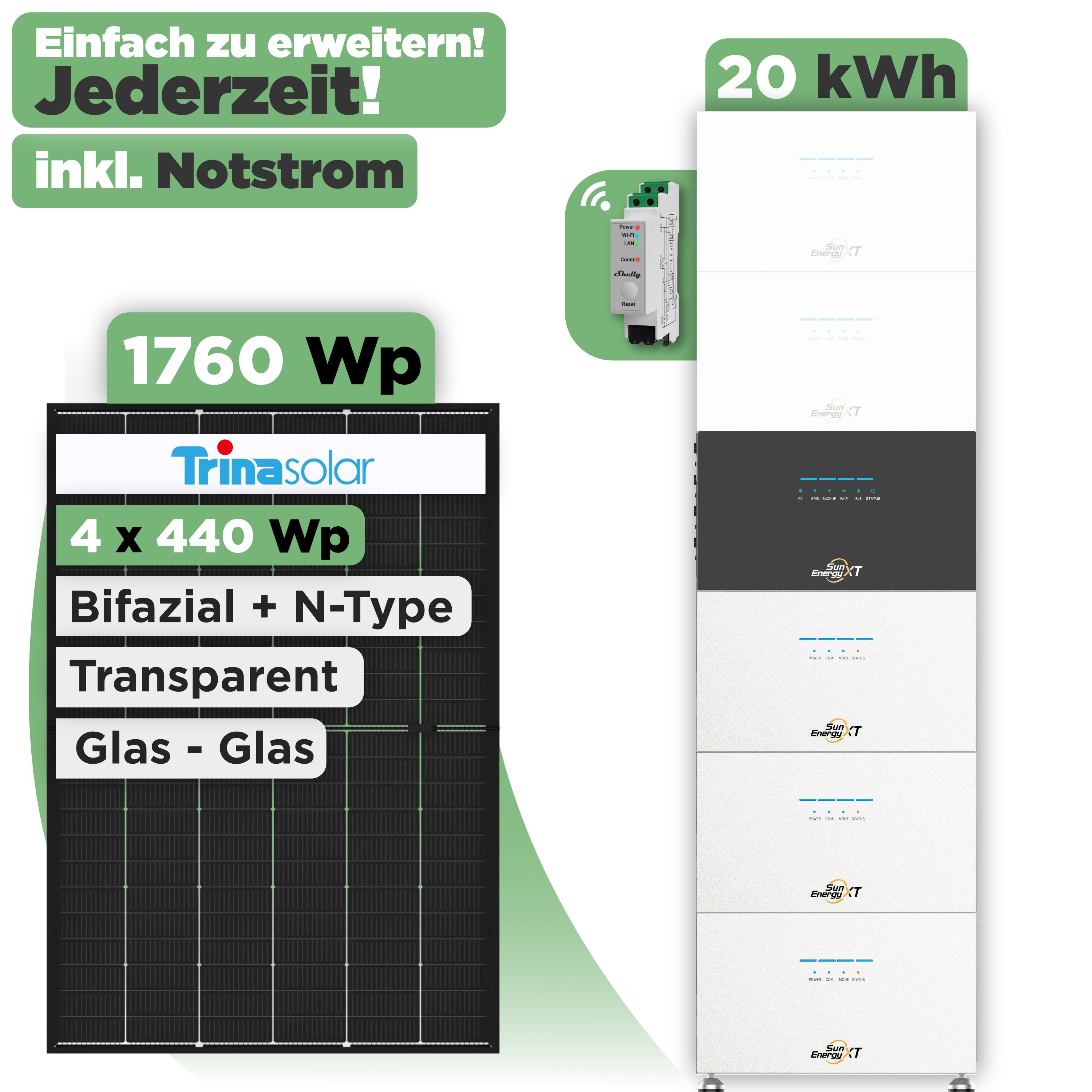 SunEnergyXT 500 Modulset 1760 Wp SunEnergyXT 500 (800 W) / 20 kWh / Shelly 3EM Pro / Trina 440 Wp / 4 Module