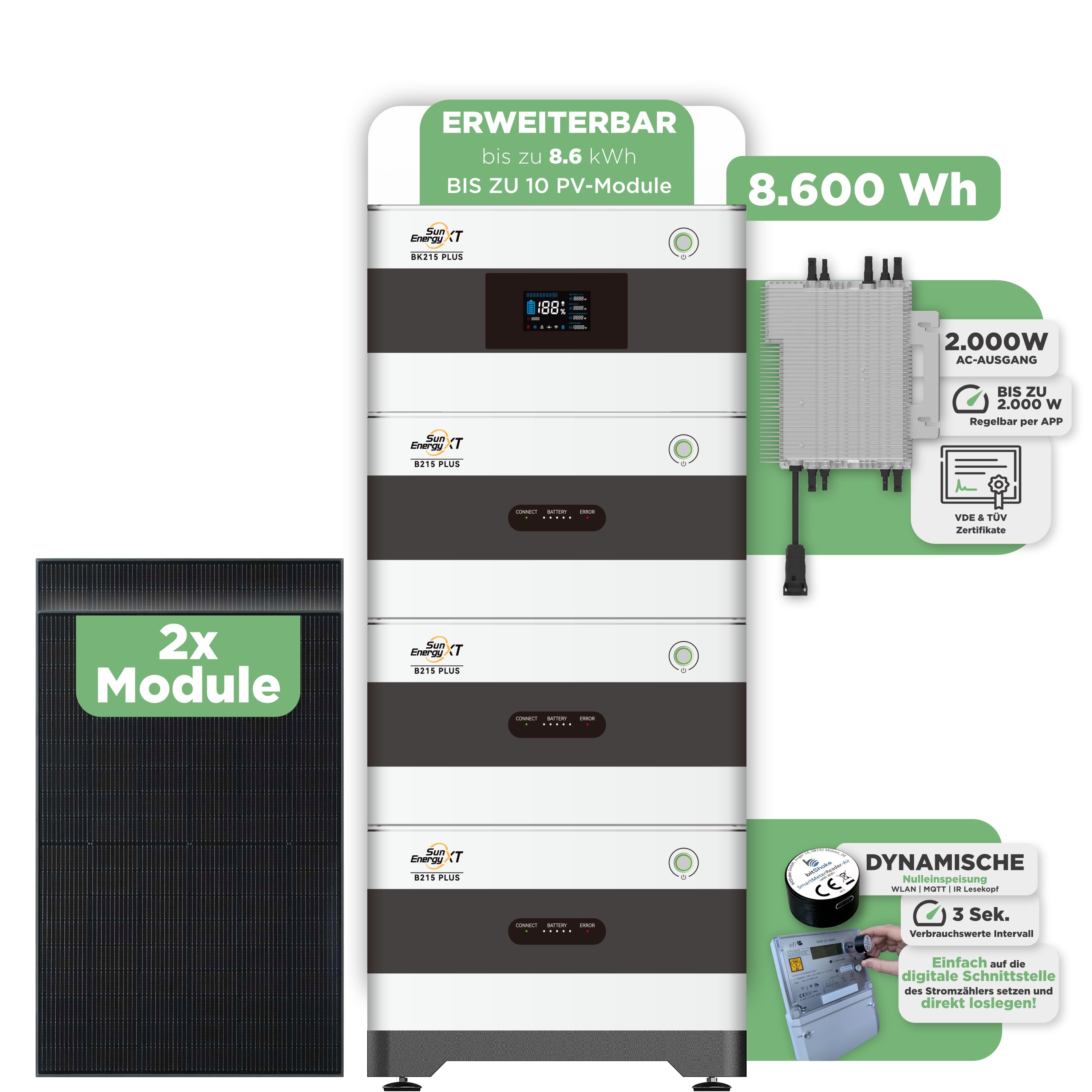 SunEnergyXT BK215 Plus Balkonkraftwerkspeicher 8.600 Wh / mit IR Lesekopf (bitshake) / 2000 W (Deye-SUN-M)