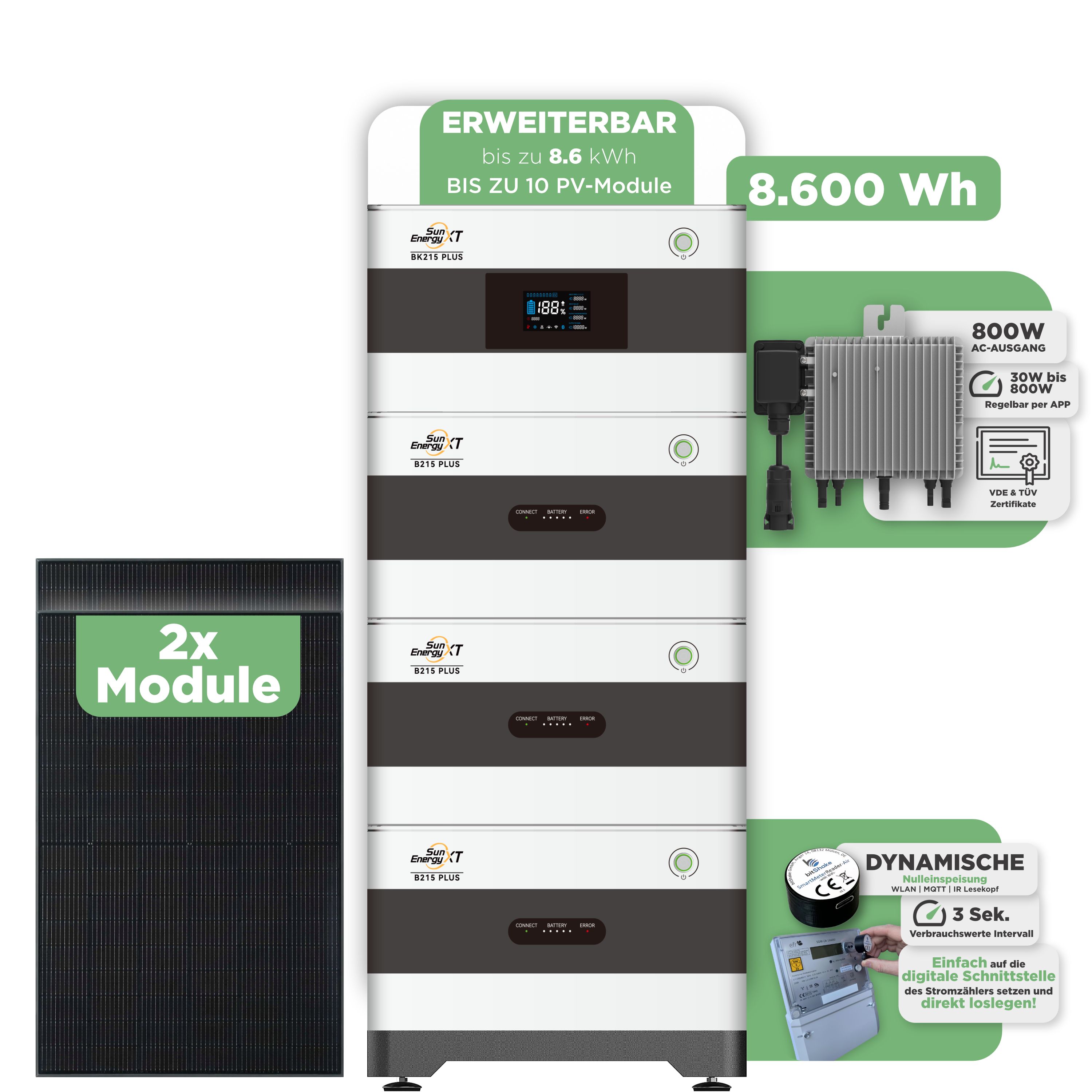 SunEnergyXT BK215 Plus Balkonkraftwerkspeicher 8.600 Wh / mit IR Lesekopf (bitshake) / 800 W (Deye-SUN-M)