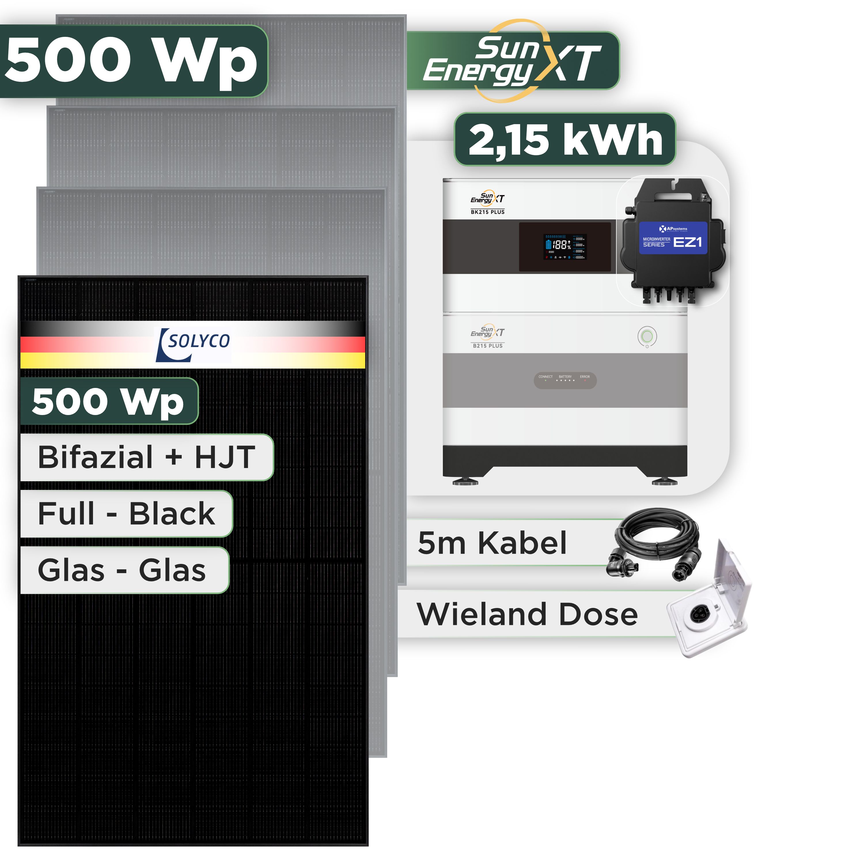 Balkonkraftwerk Set 500 Wp SunEnergyXT Plus / 2,15 kWh / Solyco 500 Wp Glas-Glas Fullblack-Modul Bifazial / 1 Modul / APSystems EZ1-M (bis 800 W) / Wieland Stecker + Dose