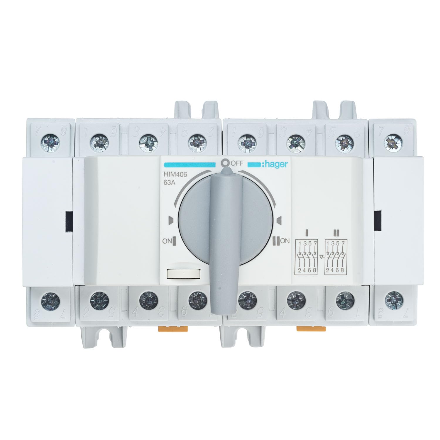 Hager HIM406 Lastumschalter für Notstrom — 3-polig + N, 63A, für Montage auf Hutschiene oder Montageplatte