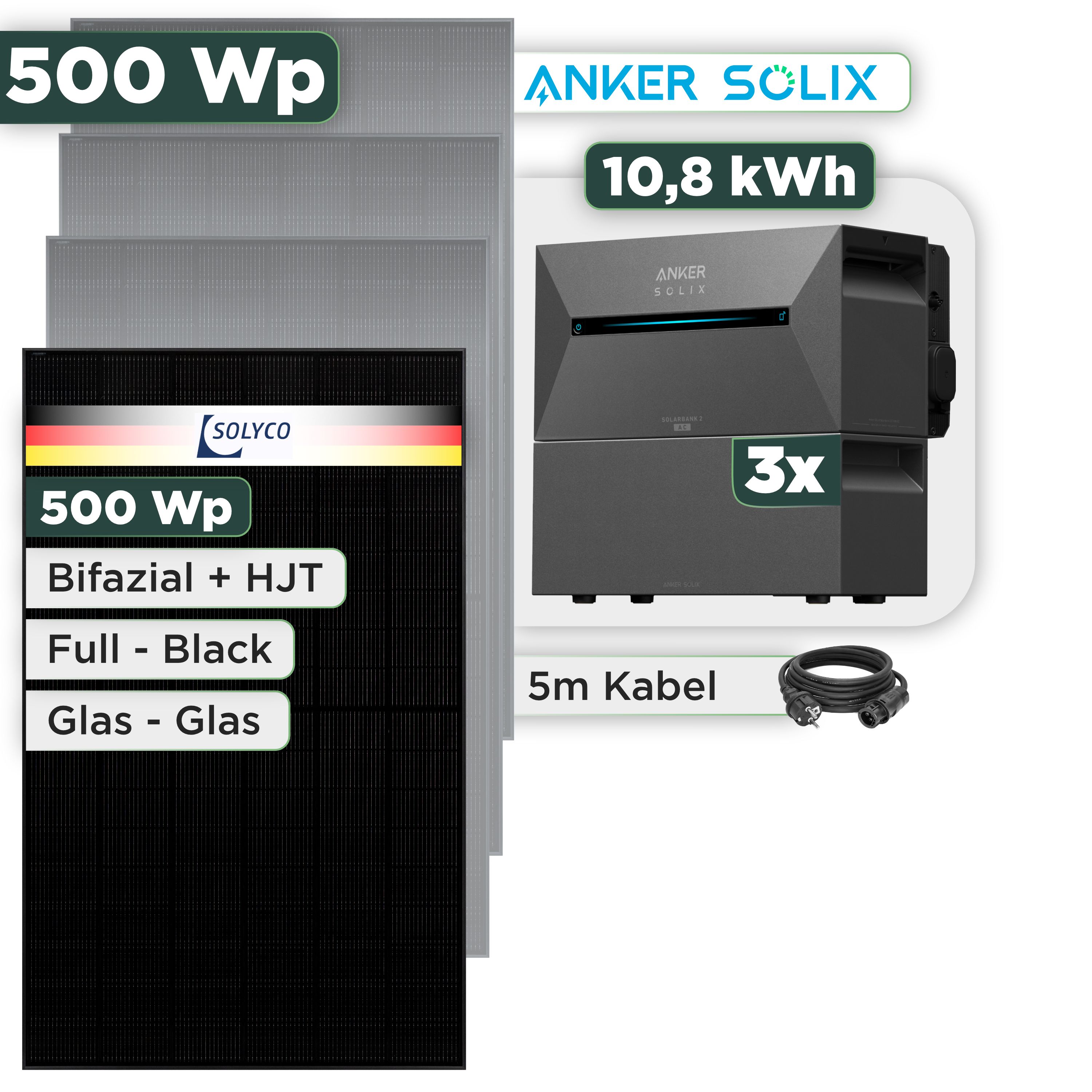 Balkonkraftwerk Set 500 Wp Anker Solarbank 3 Pro / 10,8 kWh / Solyco 500 Wp Glas-Glas Fullblack-Modul Bifazial / 1 Modul / Schuko Stecker / 3 m