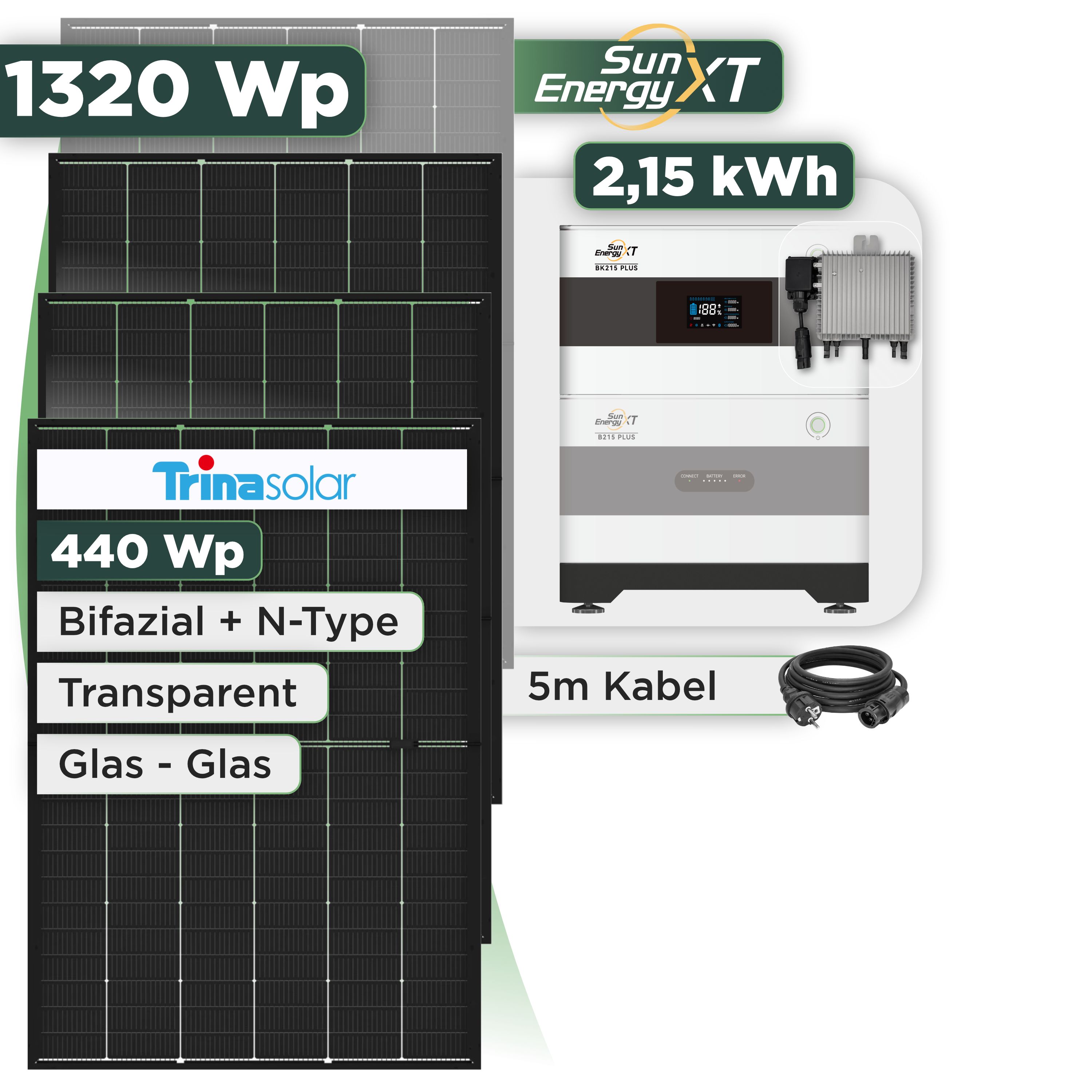 Balkonkraftwerk Set 1320 Wp SunEnergyXT Plus / 2,15 kWh / Trina 440 Wp Glas-Glas Bifazial Modul / 3 Module / Deye 800 W / Schuko Stecker