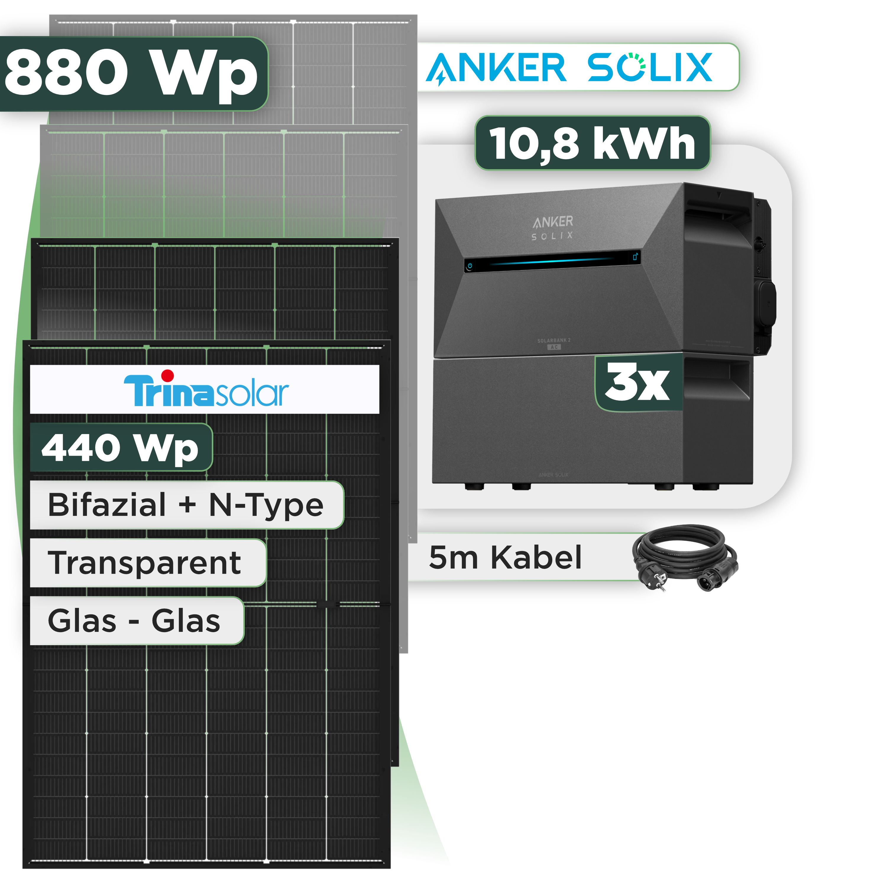 Balkonkraftwerk Set 880 Wp Anker Solarbank 3 Pro / 10,8 kWh / Trina 440 Wp Glas-Glas Bifazial Modul / 2 Module / Schuko Stecker / 3 m