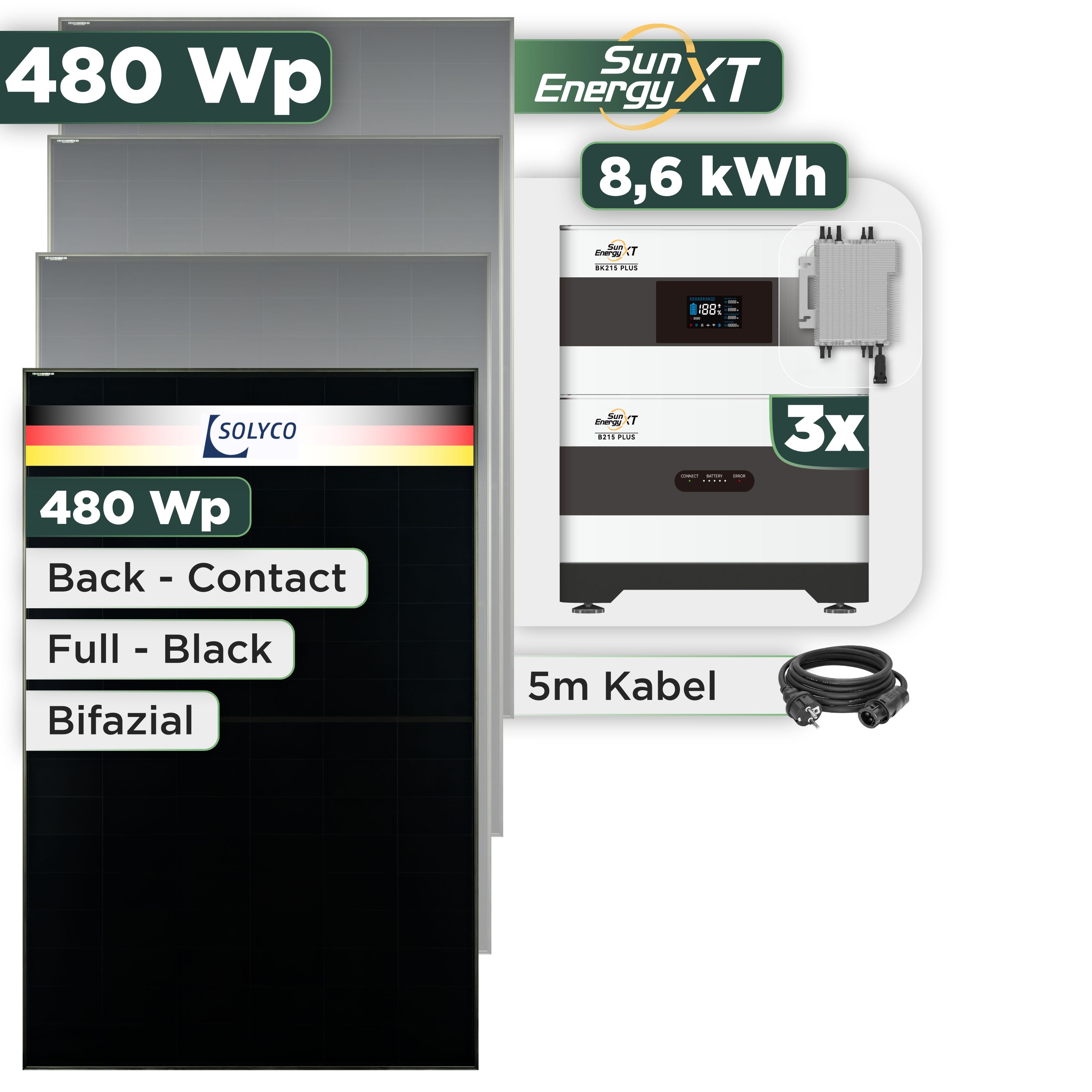 Balkonkraftwerk Set 480 Wp SunEnergyXT Plus / 8,6 kWh / Solyco 480 Wp Glas-Glas Fullblack Back Contact Modul / 1 Modul / Deye 2000 W / Schuko Stecker