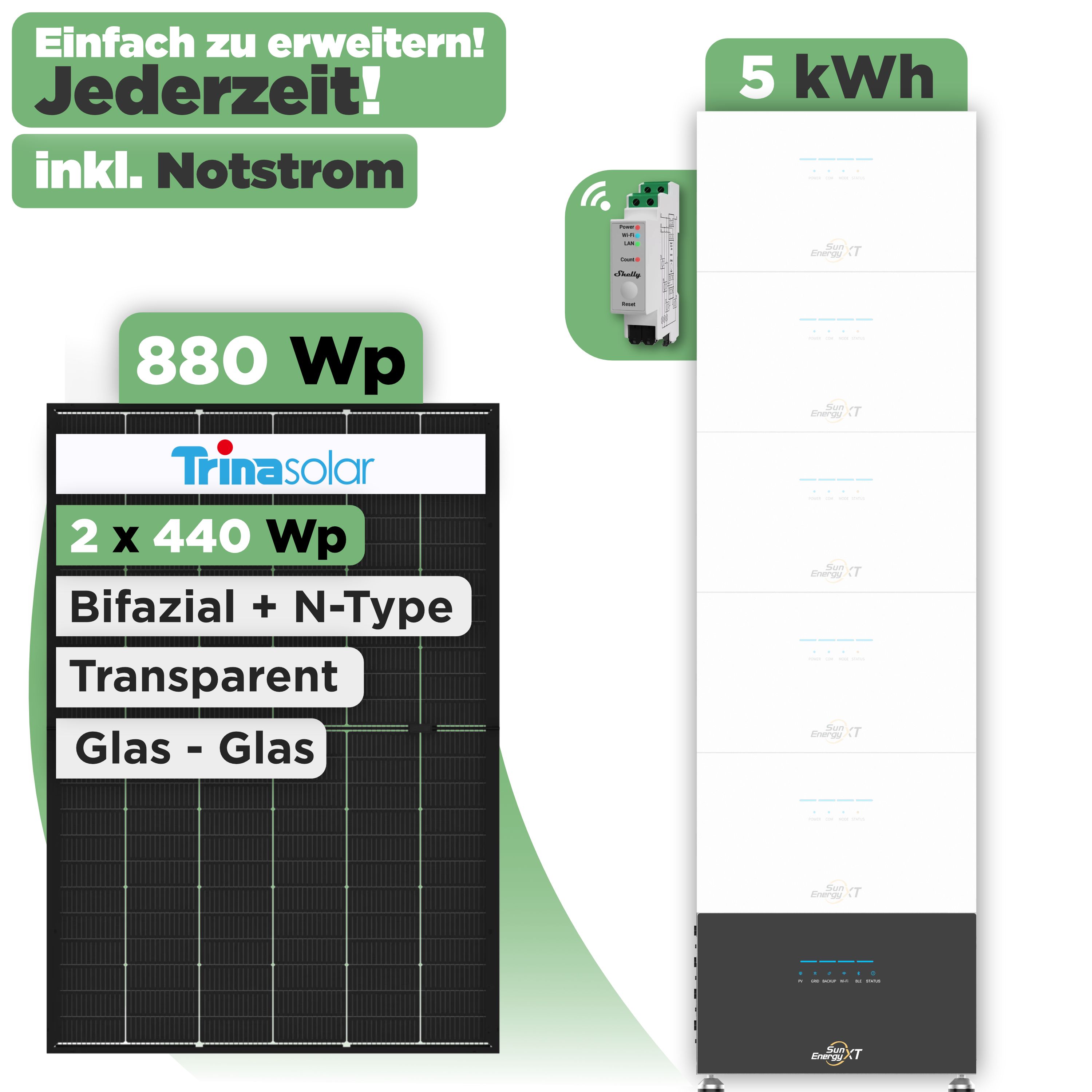 SunEnergyXT 500 Modulset 880 Wp SunEnergyXT 500 (800 W) / 5 kWh / Shelly 3EM Pro / Trina 440 Wp / 2 Module
