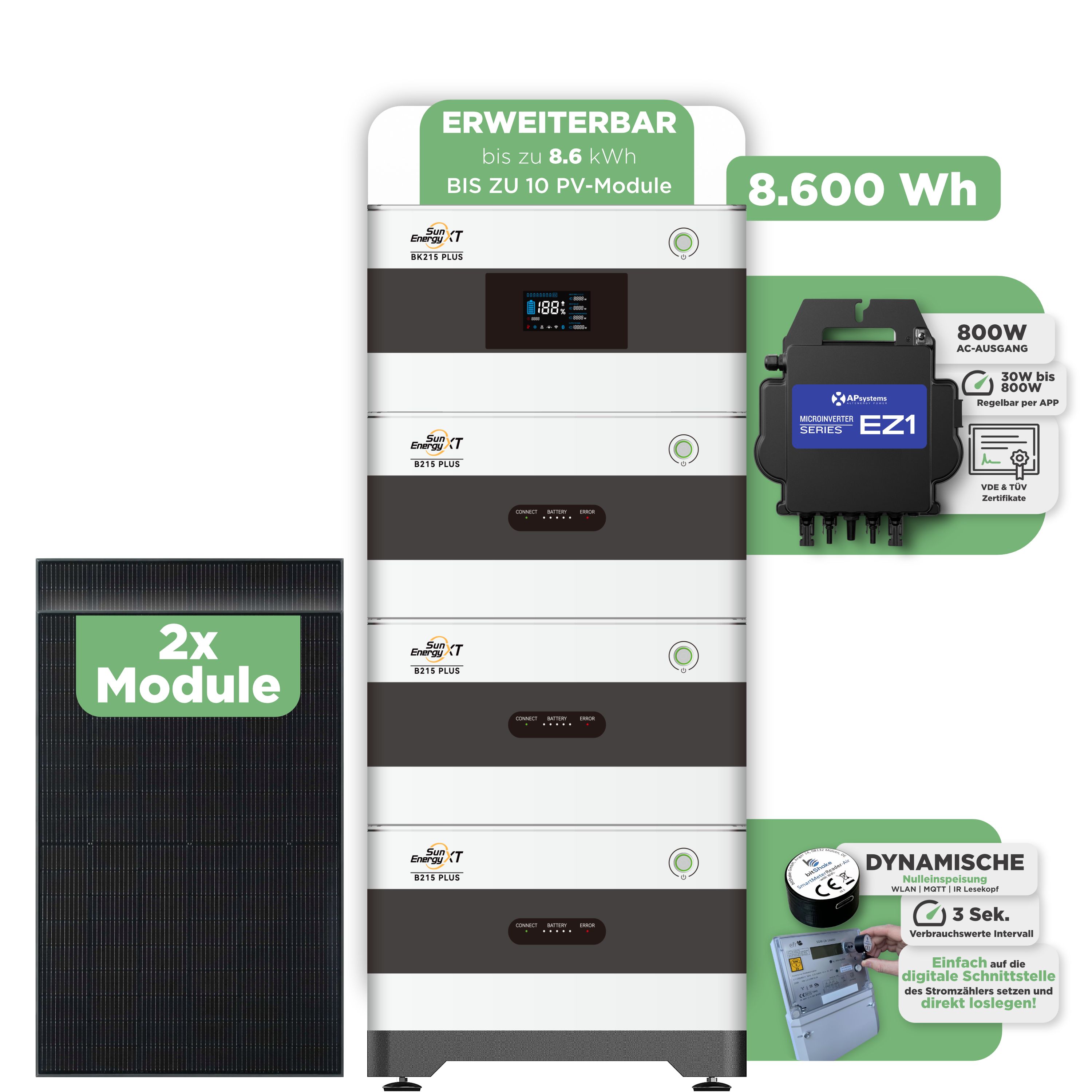 SunEnergyXT BK215 Plus Balkonkraftwerkspeicher 8.600 Wh / mit IR Lesekopf (bitshake) / 800 W (Apsystems EZ1-M)