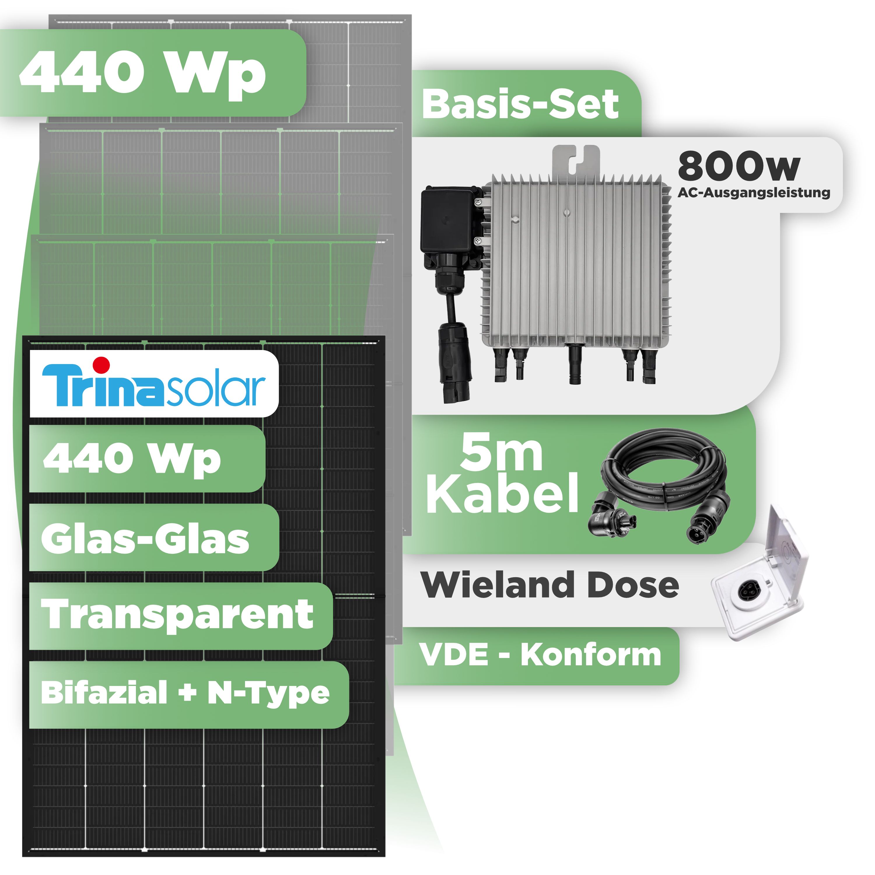 Balkonkraftwerk Basic Set 440 Wp Trina 440 Wp Glas-Glas Bifazial Modul / 1 Modul / Deye 800 W / Wieland Stecker + Dose